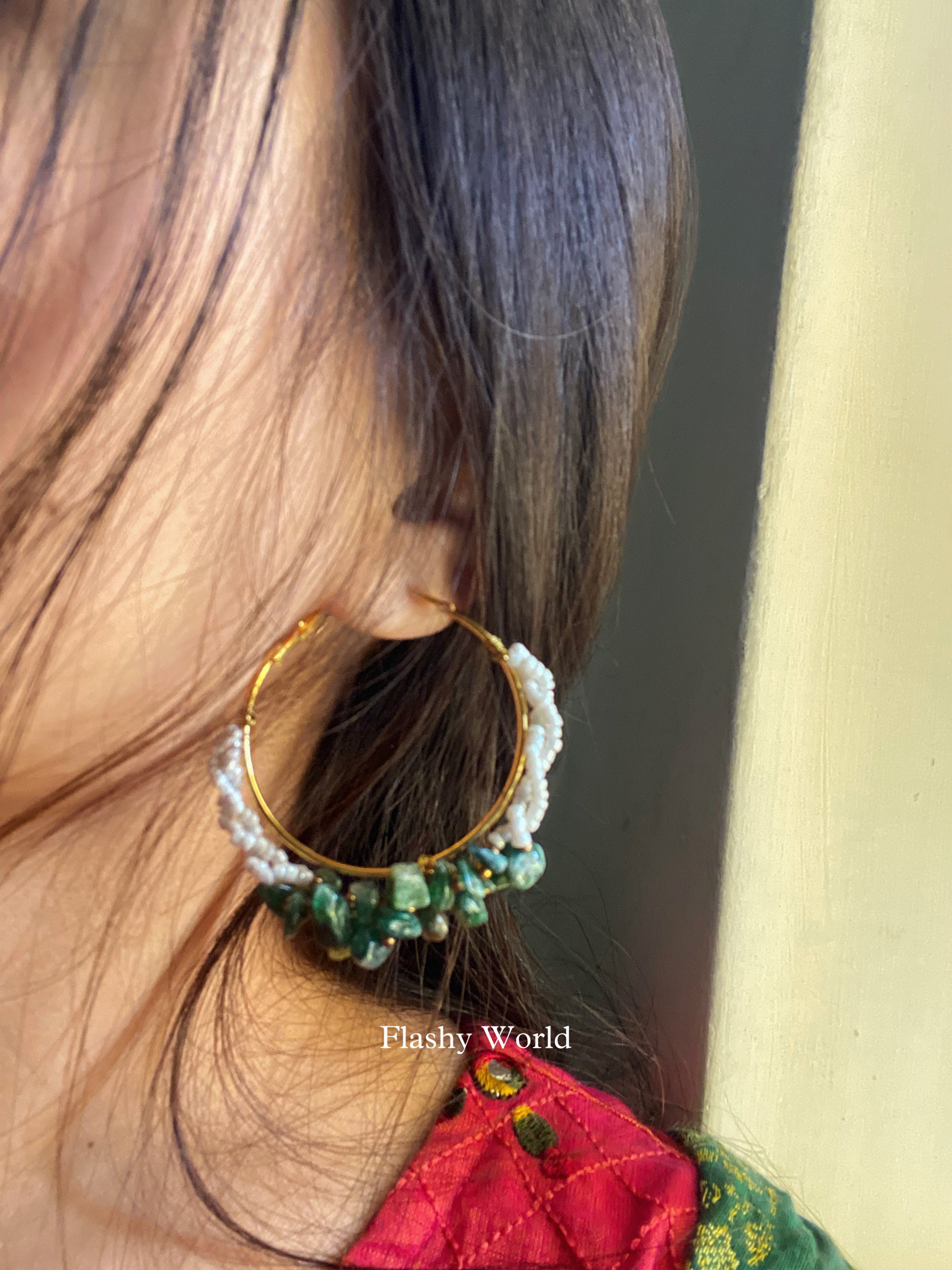 Handmade Green Jade Chip Beads Hoop Earrings | Natural Jade Crystal Earrings for Girls & Women
