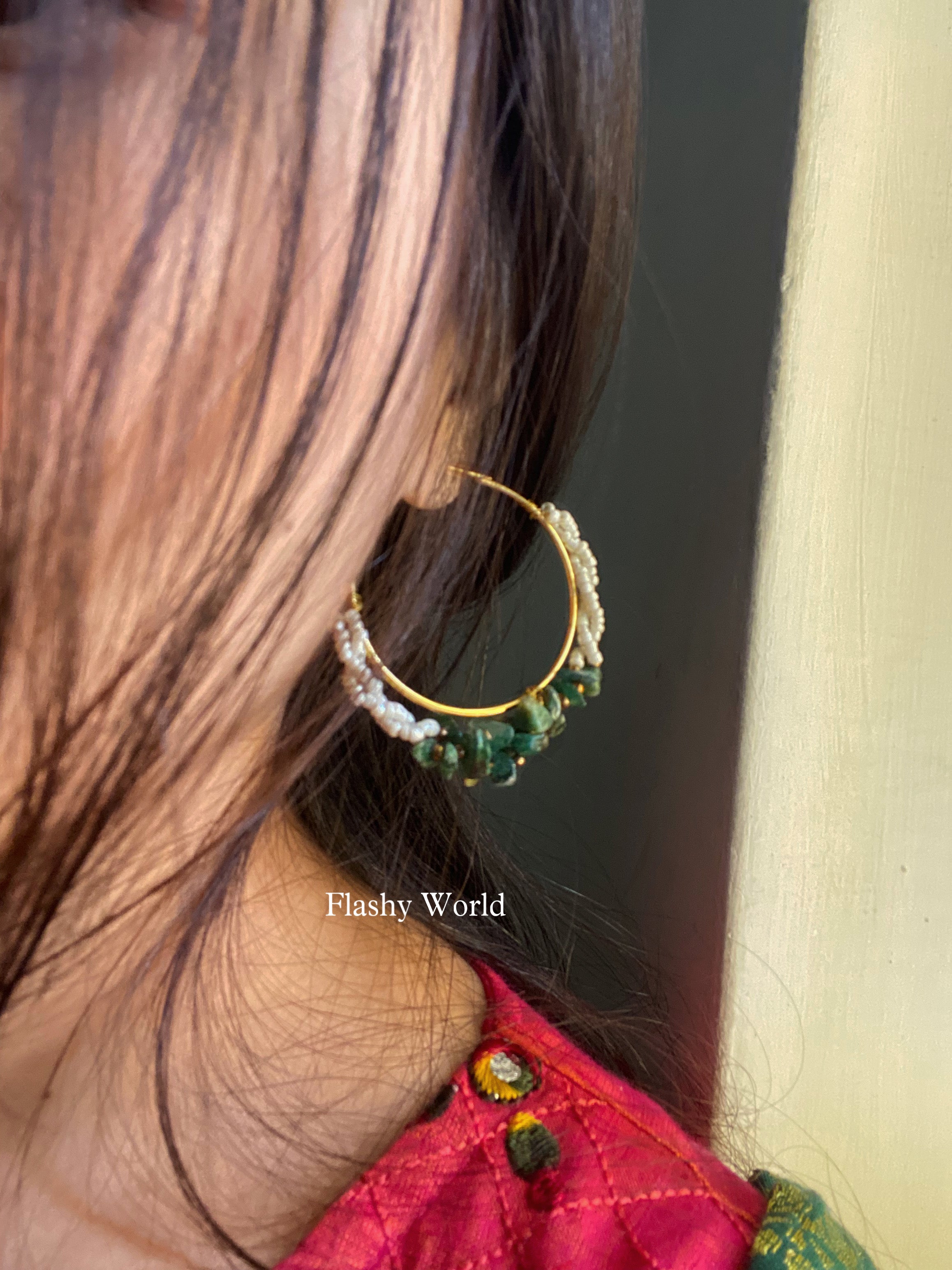 Handmade Green Jade Chip Beads Hoop Earrings | Natural Jade Crystal Earrings for Girls & Women