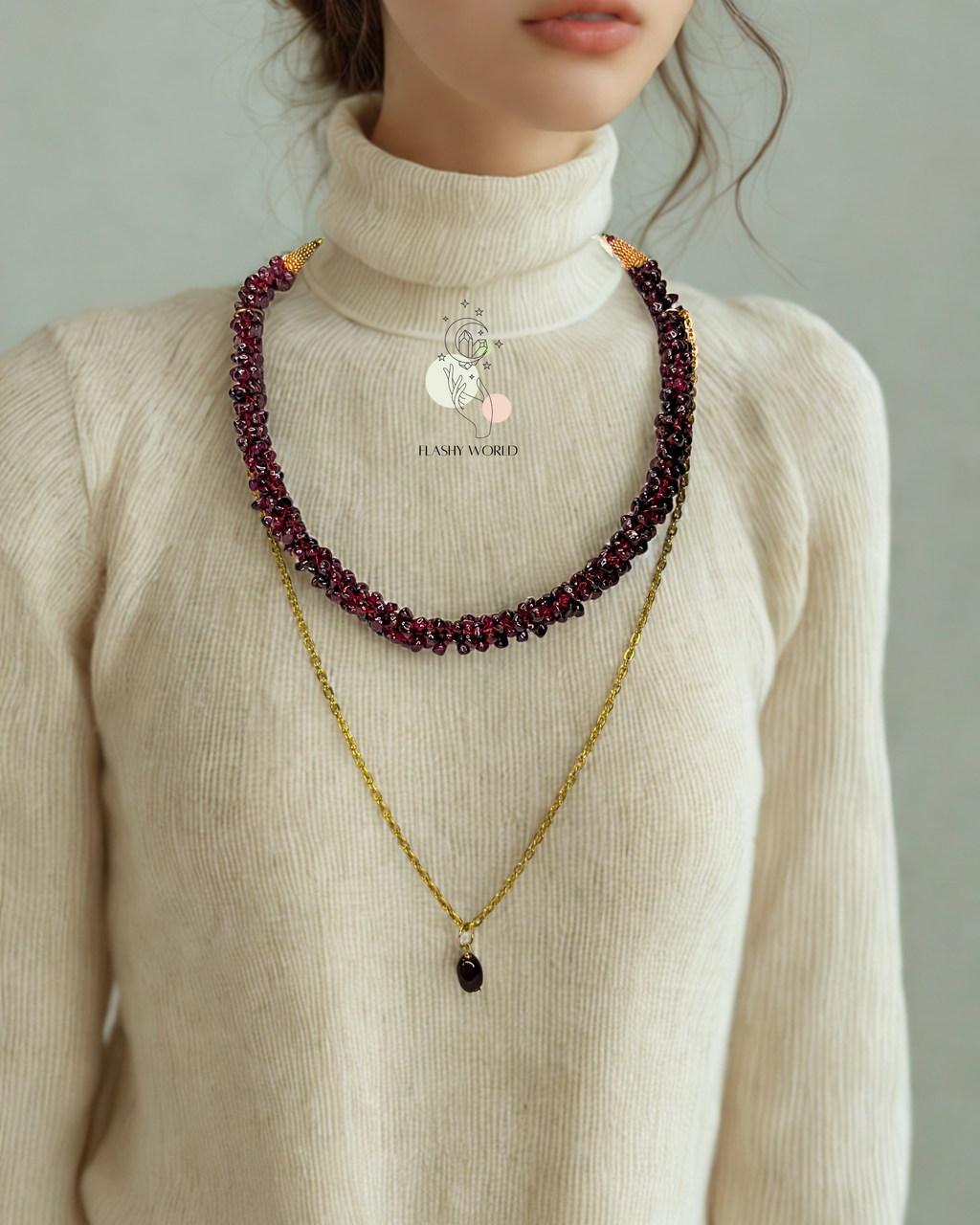 Handmade Garnet Choker Necklace Set | Dual Wear Beaded Garnet Necklace with Golden Chain | Natural Crystal Jewelry for Women