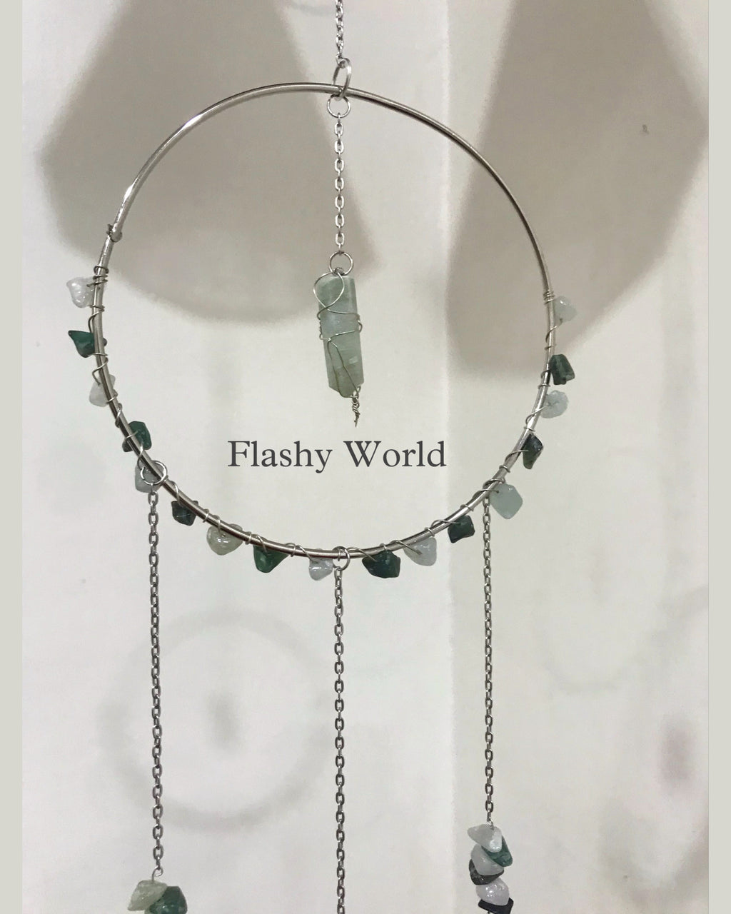 Silver Moon Green Jade & Aventurine Crystal Sun Catcher – Handmade Wire Wrapped Pencil Hanger with Rainbow Prism Beads & Boho Home Décor