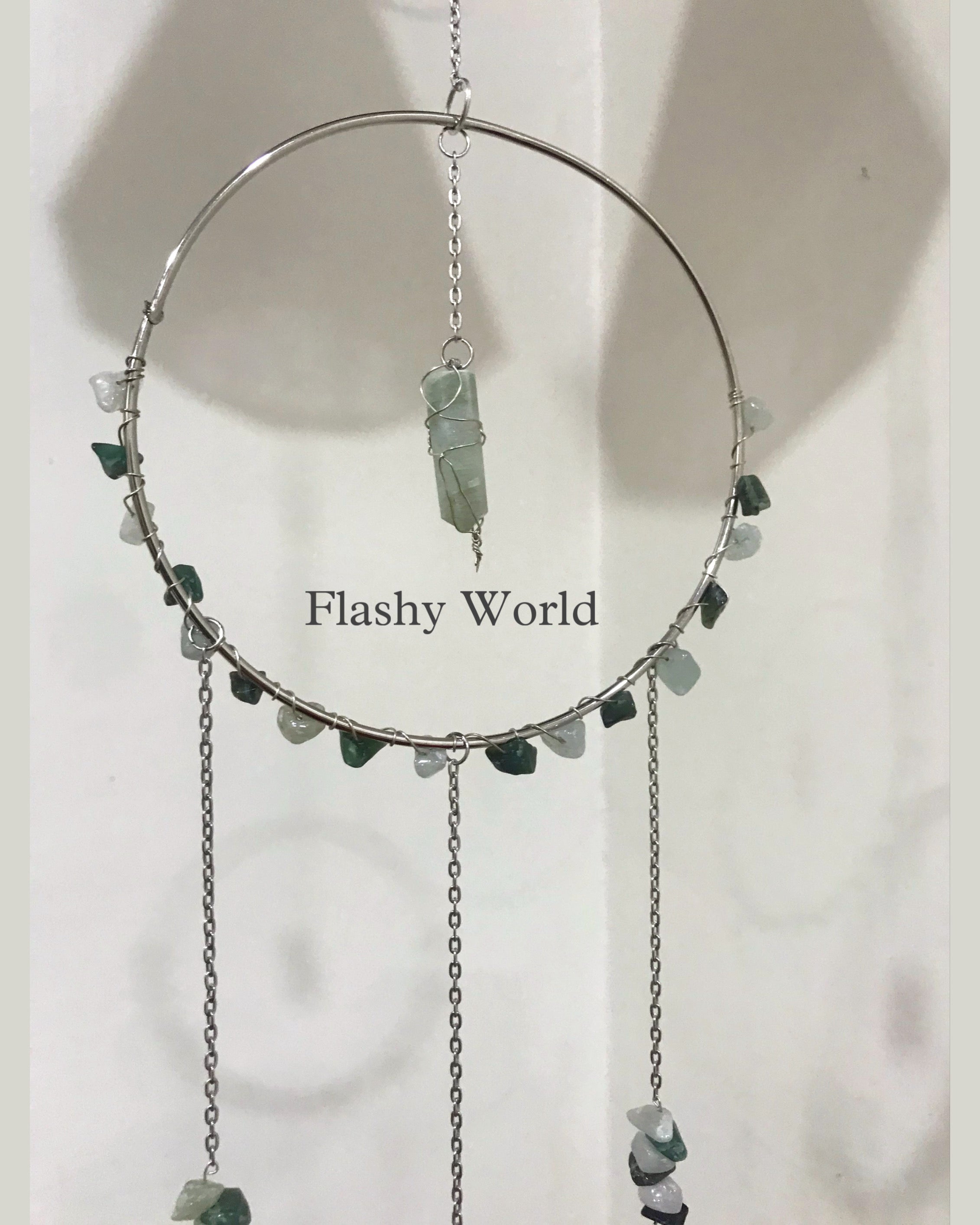Silver Moon Green Jade & Aventurine Crystal Sun Catcher – Handmade Wire Wrapped Pencil Hanger with Rainbow Prism Beads & Boho Home Décor