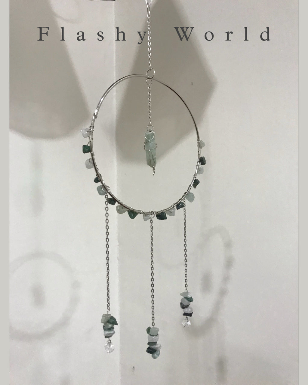 Silver Moon Green Jade & Aventurine Crystal Sun Catcher – Handmade Wire Wrapped Pencil Hanger with Rainbow Prism Beads & Boho Home Décor