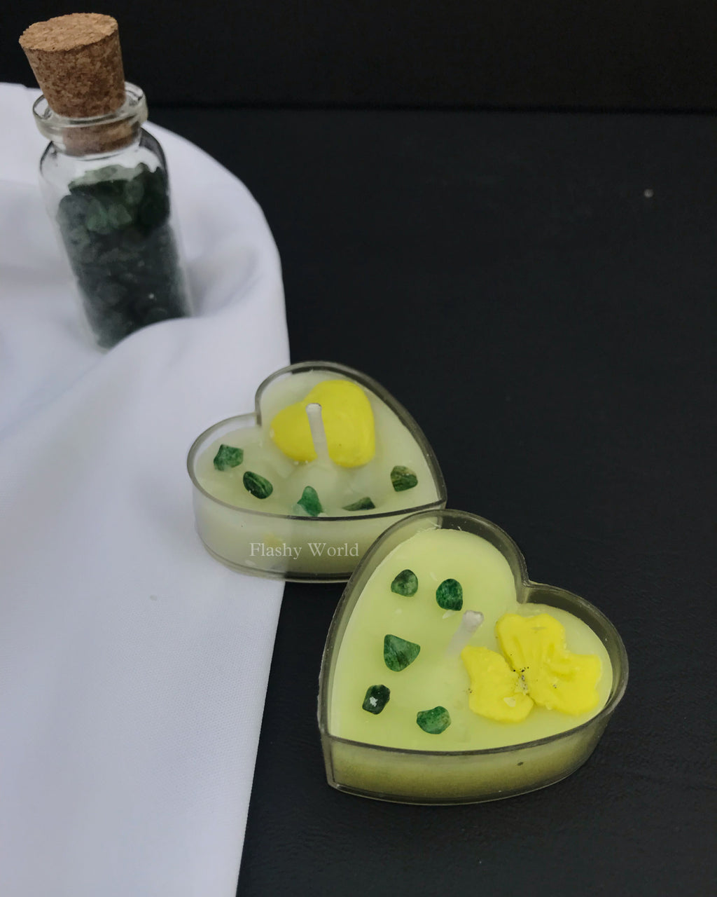 Heart Shape Green Jade Crystal Candle (Set of 2) | Rose Scented Mini Candle for Meditation, Good Luck & Gifting