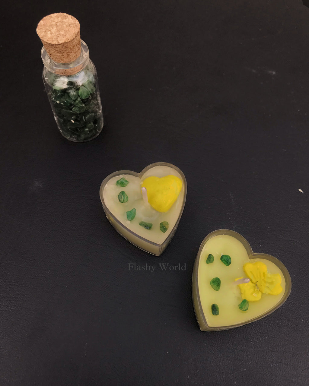 Heart Shape Green Jade Crystal Candle (Set of 2) | Rose Scented Mini Candle for Meditation, Good Luck & Gifting