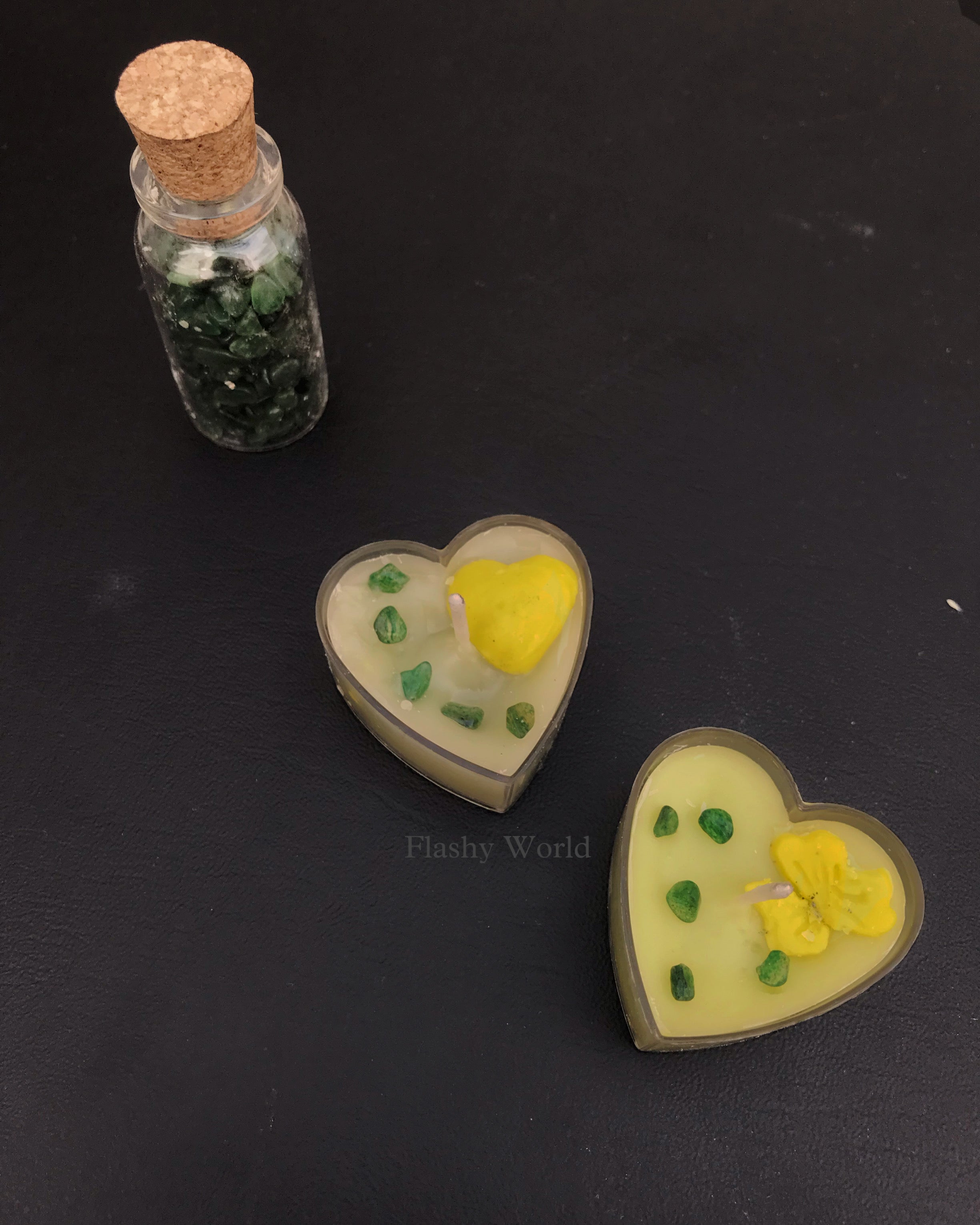 Heart Shape Green Jade Crystal Candle (Set of 2) | Rose Scented Mini Candle for Meditation, Good Luck & Gifting