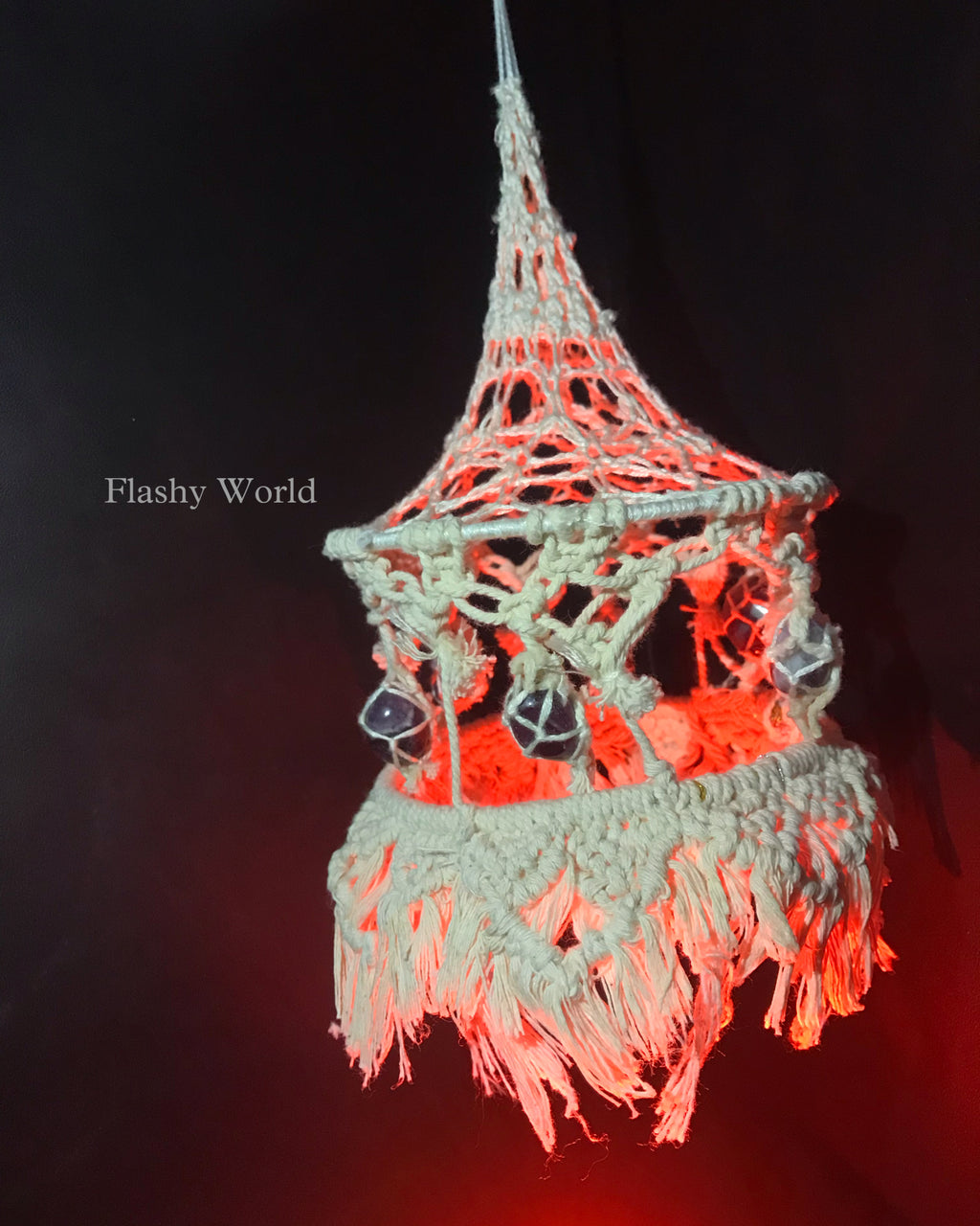 Boho Macramé Crystal Hanger (Off-White) with Amethyst Tumbles | Meditation & Healing Decor