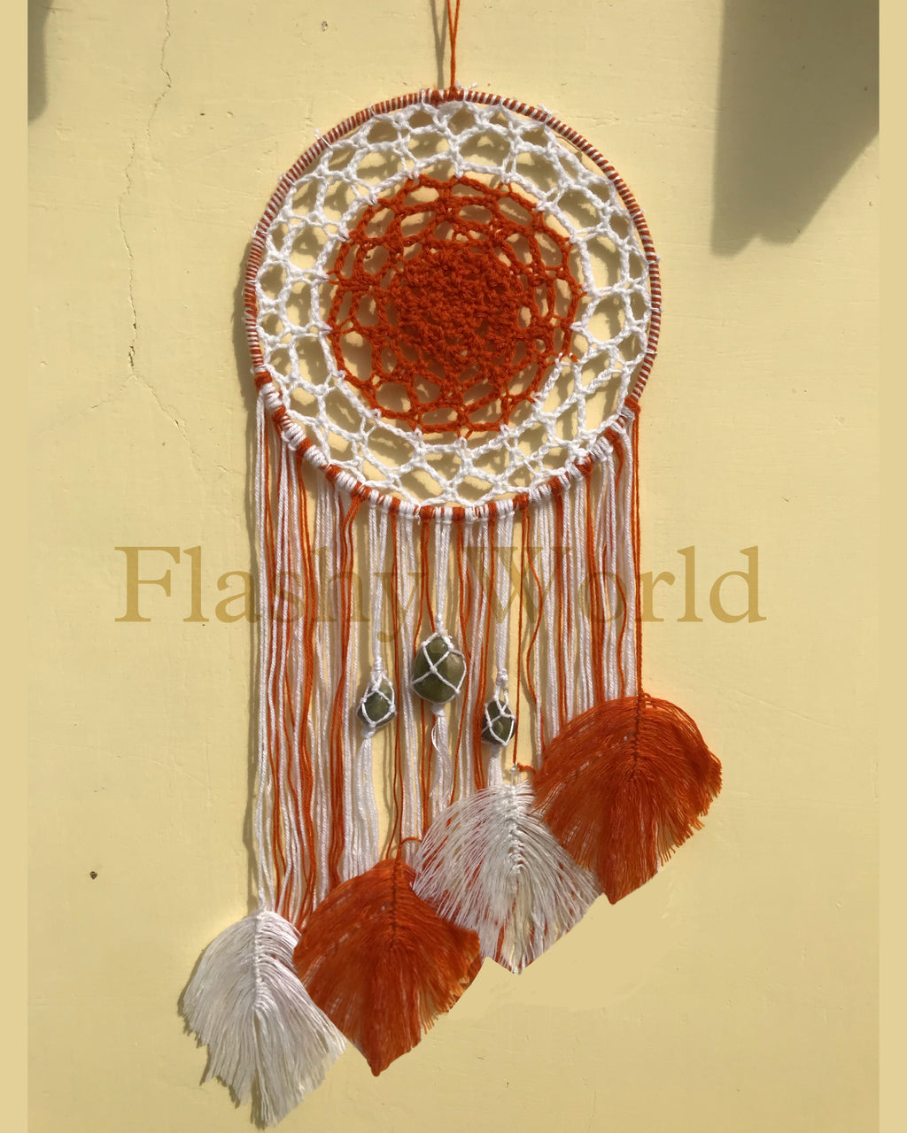 Handmade Crochet Wall Hanger with Green Aventurine Crystal – Boho Home Décor with Wrapped Tumble Stone for Positive Energy & Gifting
