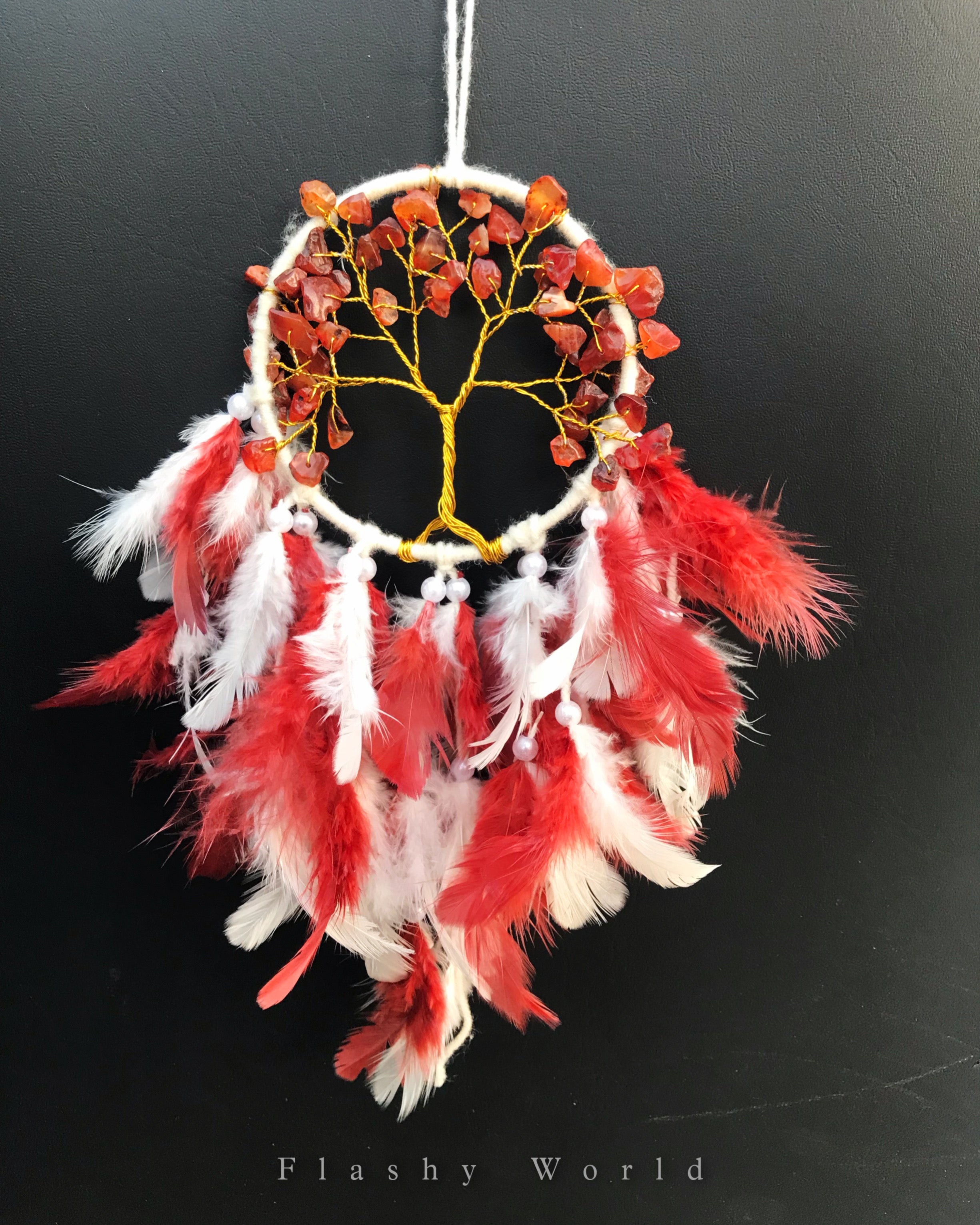 Carnelian Mini Dream Catcher Car Hanger – Natural Crystal & Feather Ornament for Protection, Positivity & Calm Energy