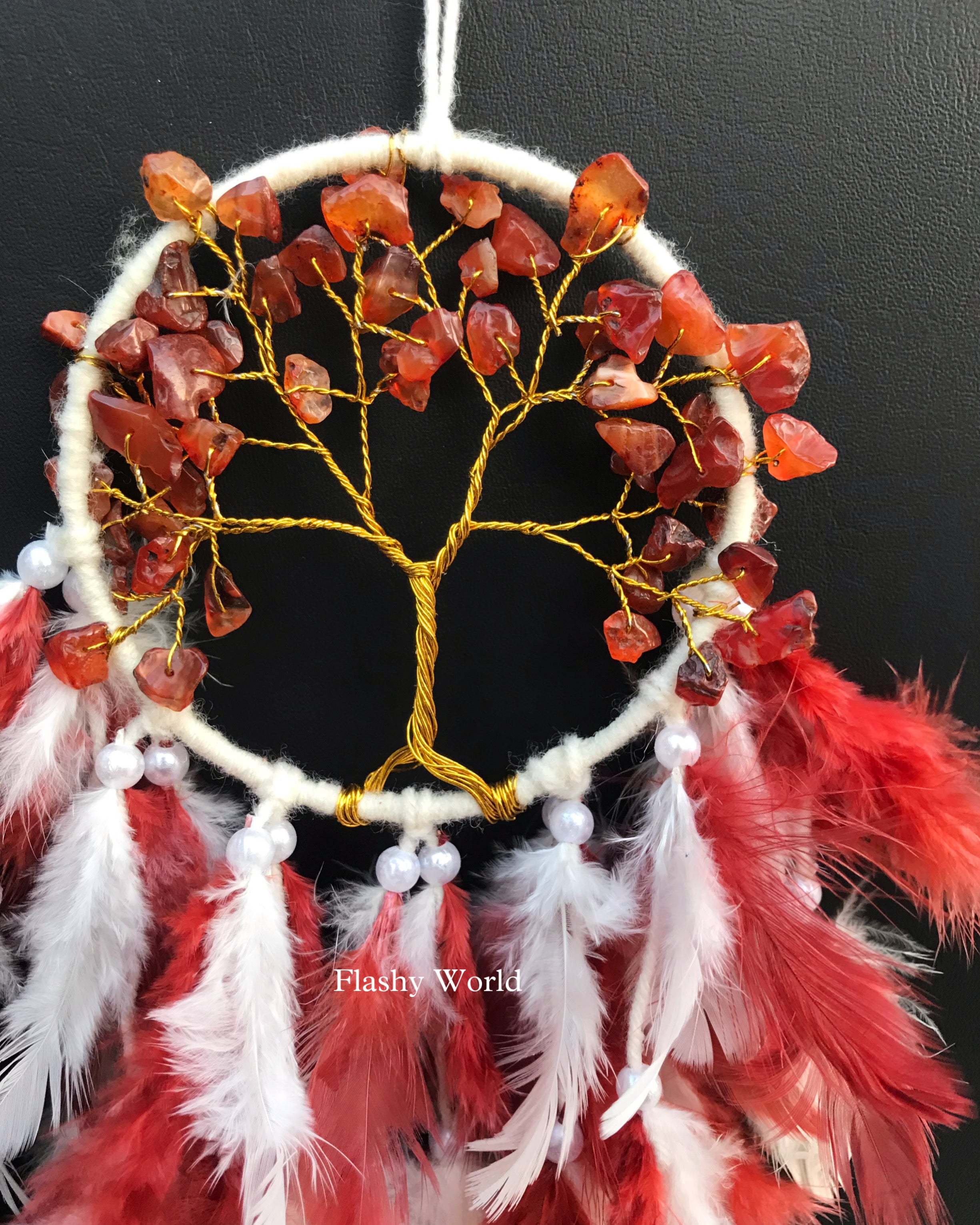 Carnelian Mini Dream Catcher Car Hanger – Natural Crystal & Feather Ornament for Protection, Positivity & Calm Energy