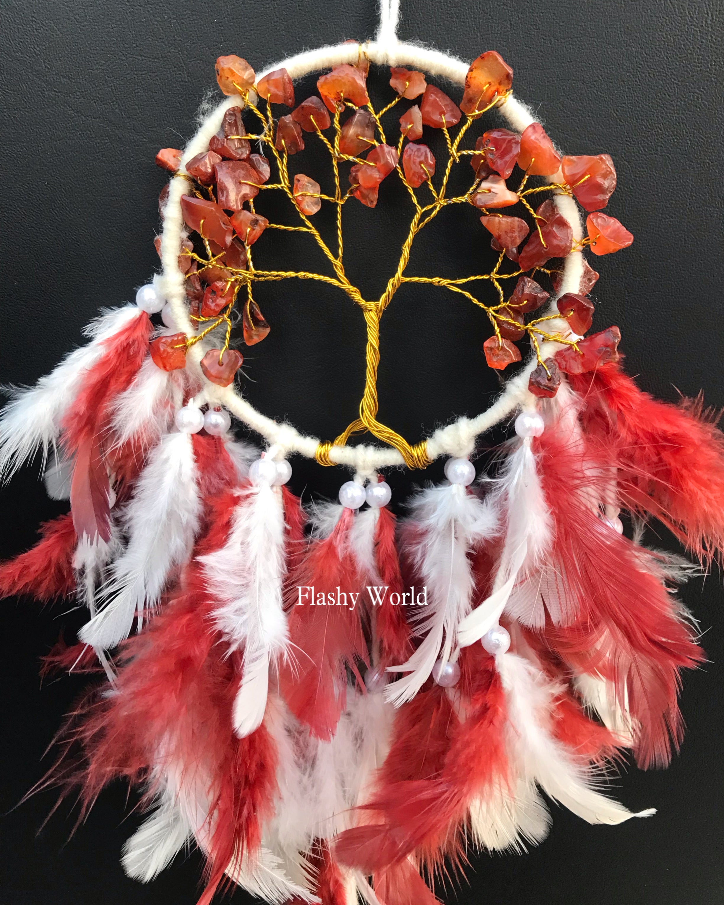 Carnelian Mini Dream Catcher Car Hanger – Natural Crystal & Feather Ornament for Protection, Positivity & Calm Energy