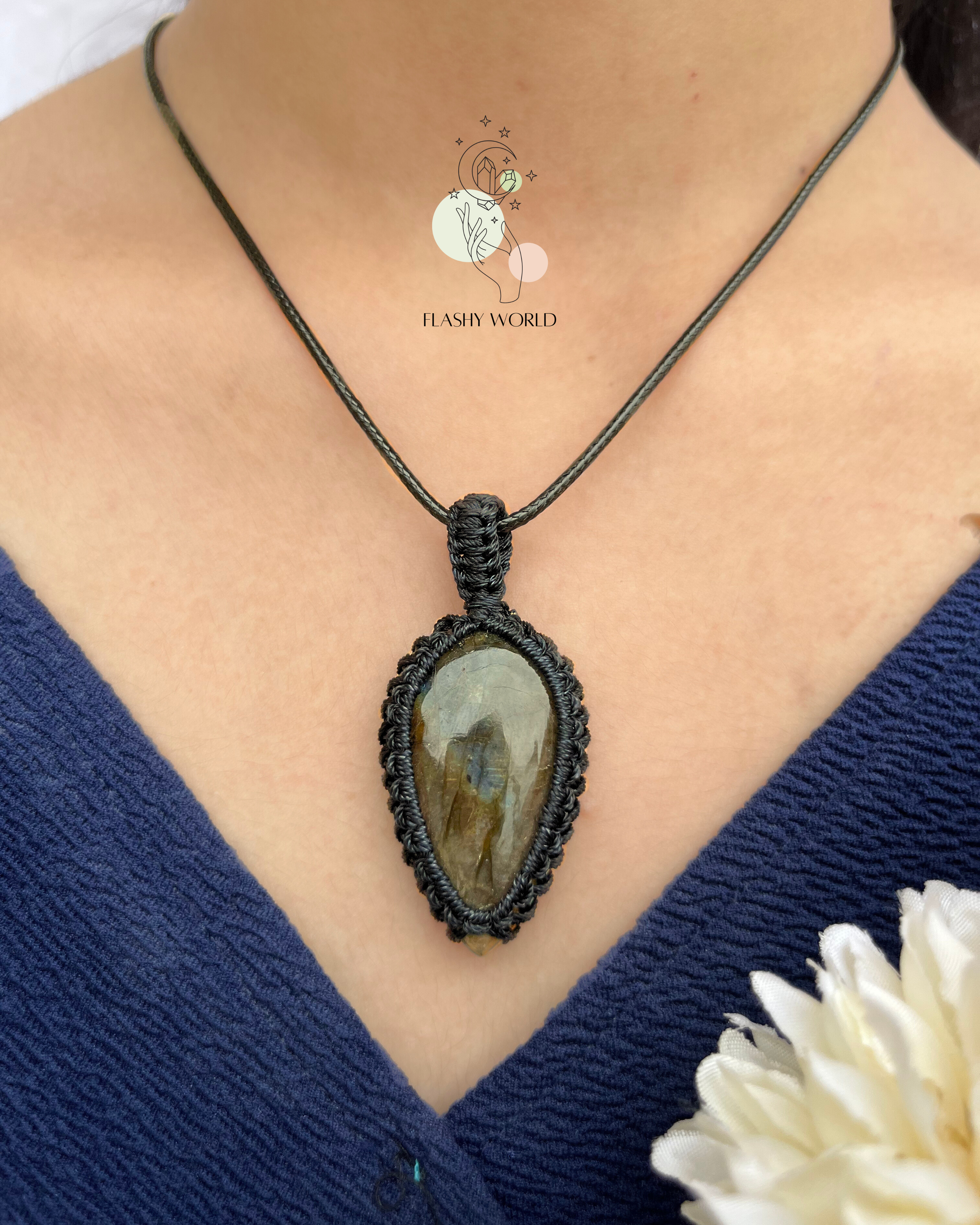 Labradorite Pendant Necklace with Black Thread | Handmade Natural Crystal Jewelry for Daily Wear