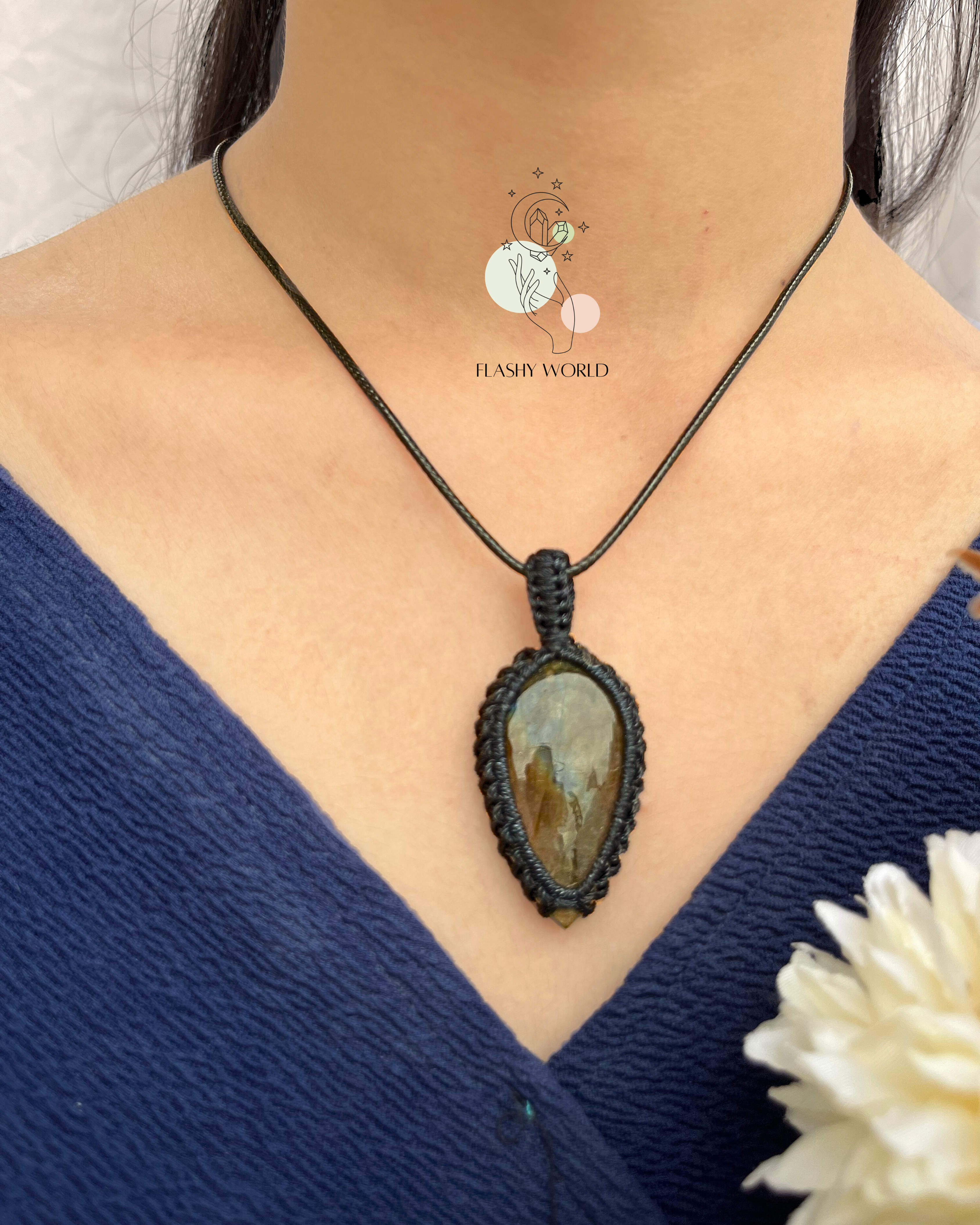Labradorite Pendant Necklace with Black Thread | Handmade Natural Crystal Jewelry for Daily Wear