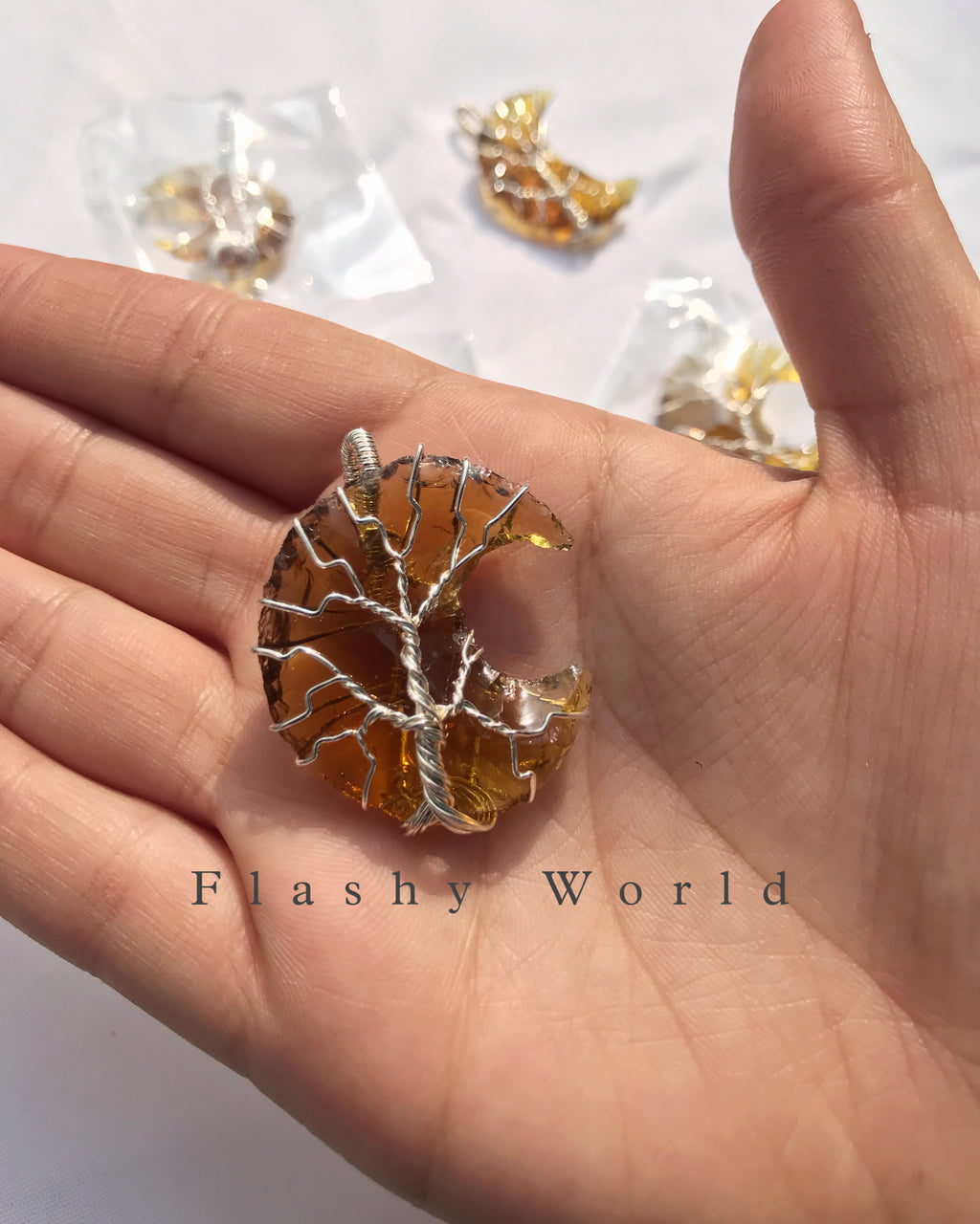 Citrine Moon Shape Pendant – Silver Wire Wrapped | Natural Crystal Necklace with Free Chain | Wealth & Positivity Crystal Jewelry