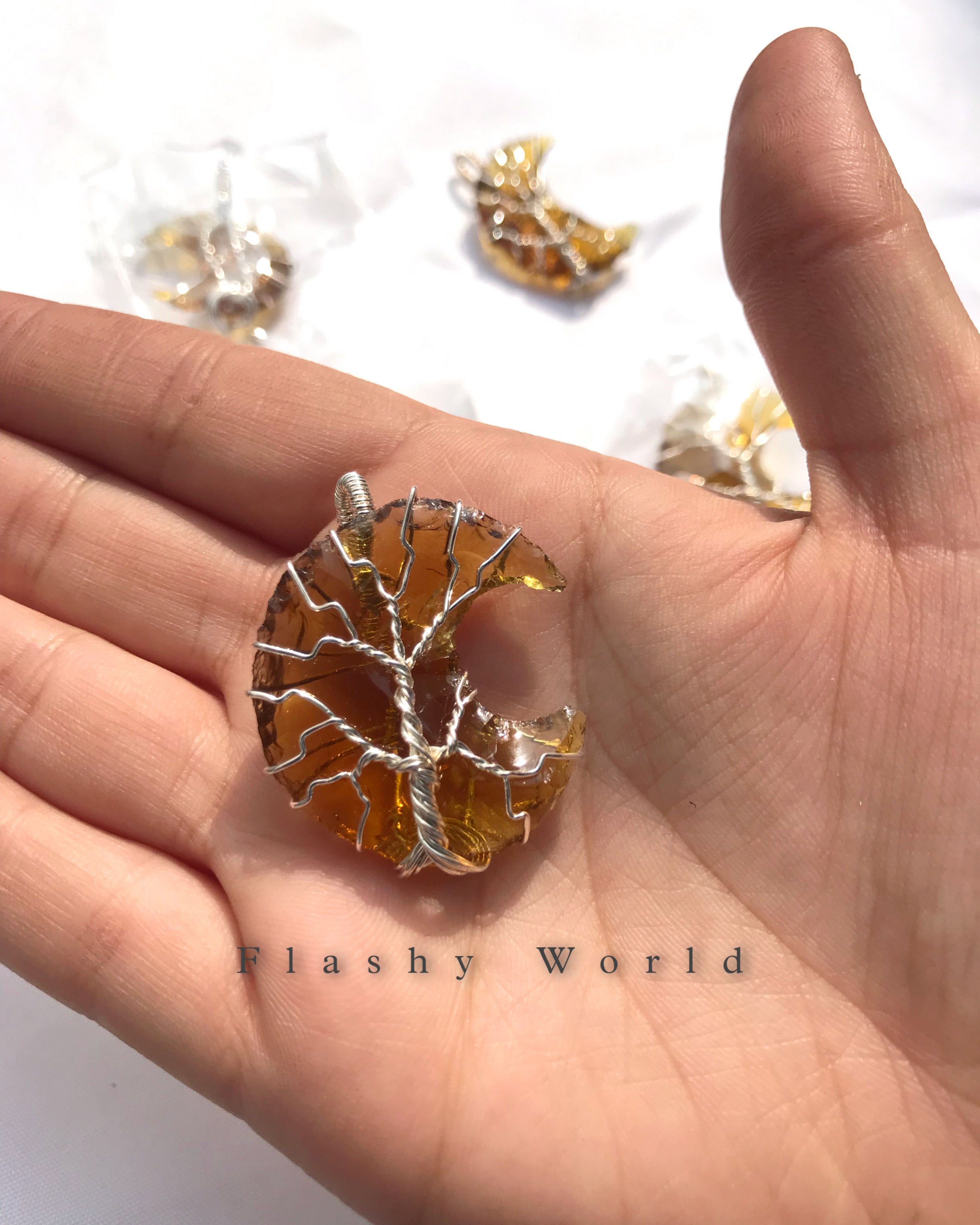 Citrine Moon Shape Pendant – Silver Wire Wrapped | Natural Crystal Necklace with Free Chain | Wealth & Positivity Crystal Jewelry