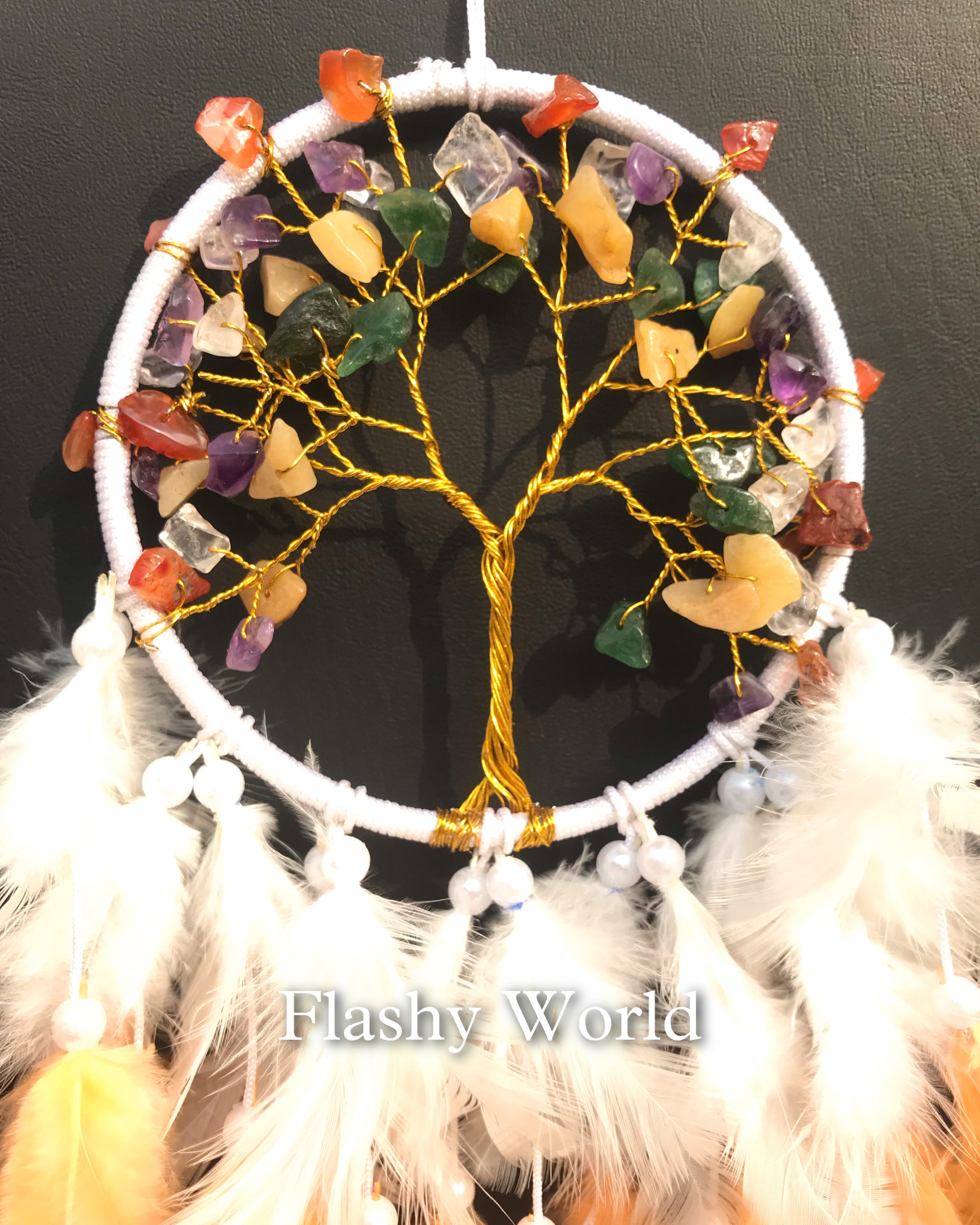 Mini 7 Chakra Tree of Life Dreamcatcher for Car Hanging – Natural Feather & Crystal Charm for Positive Energy, Good Luck & Gifting