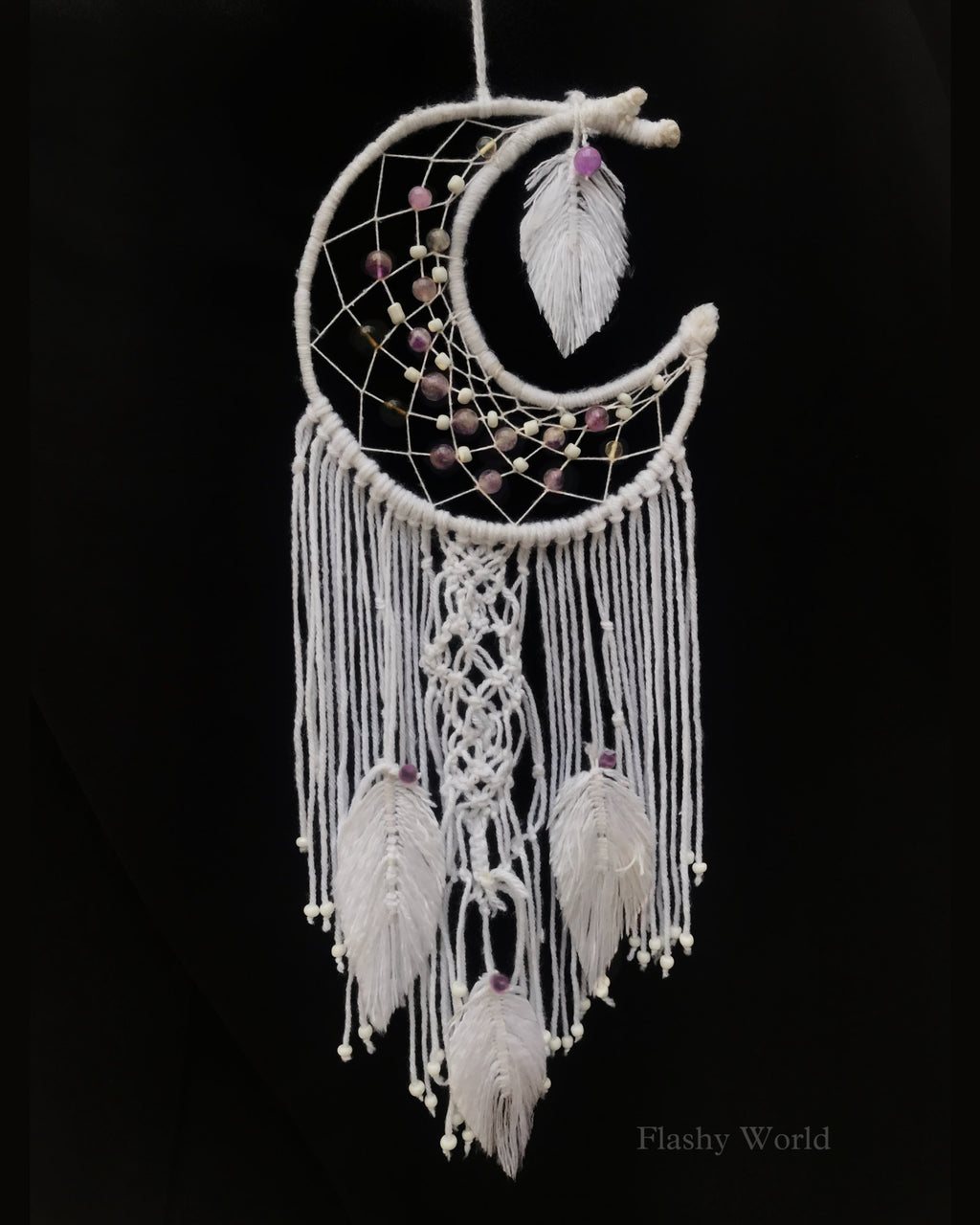 Moon Shaped Amethyst Dreamcatcher with White Feathers – Boho Wall Hanging for Peace, Positive Energy & Gifting
