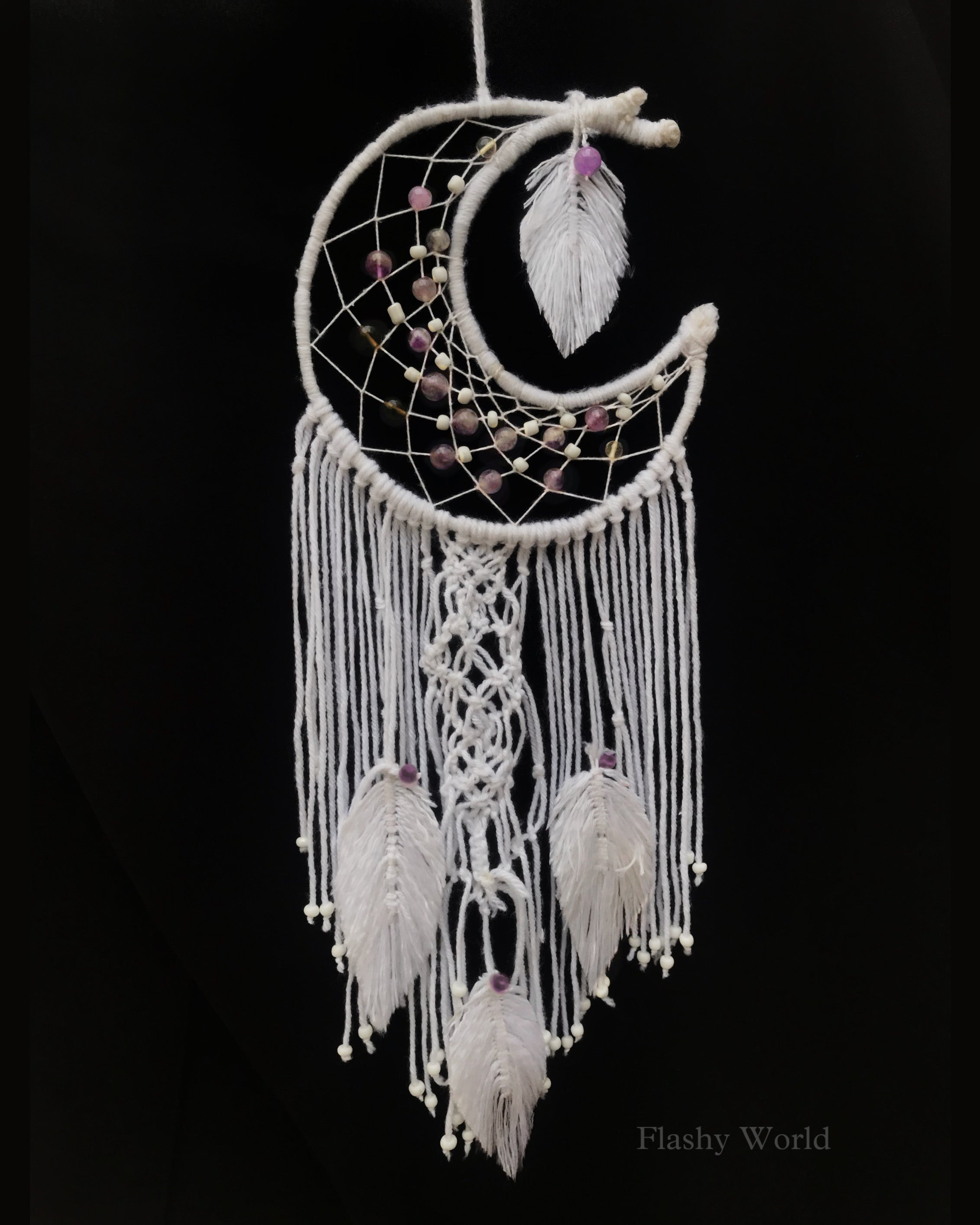 Moon Shaped Amethyst Dreamcatcher with White Feathers – Boho Wall Hanging for Peace, Positive Energy & Gifting