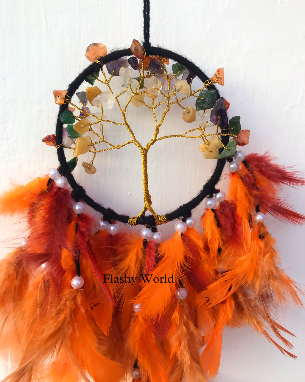Mini 7 Chakra Tree of Life Dreamcatcher for Car Hanging – Dark Aesthetic Natural Feather & Crystal Charm for Protection, Positivity & Gift Décor