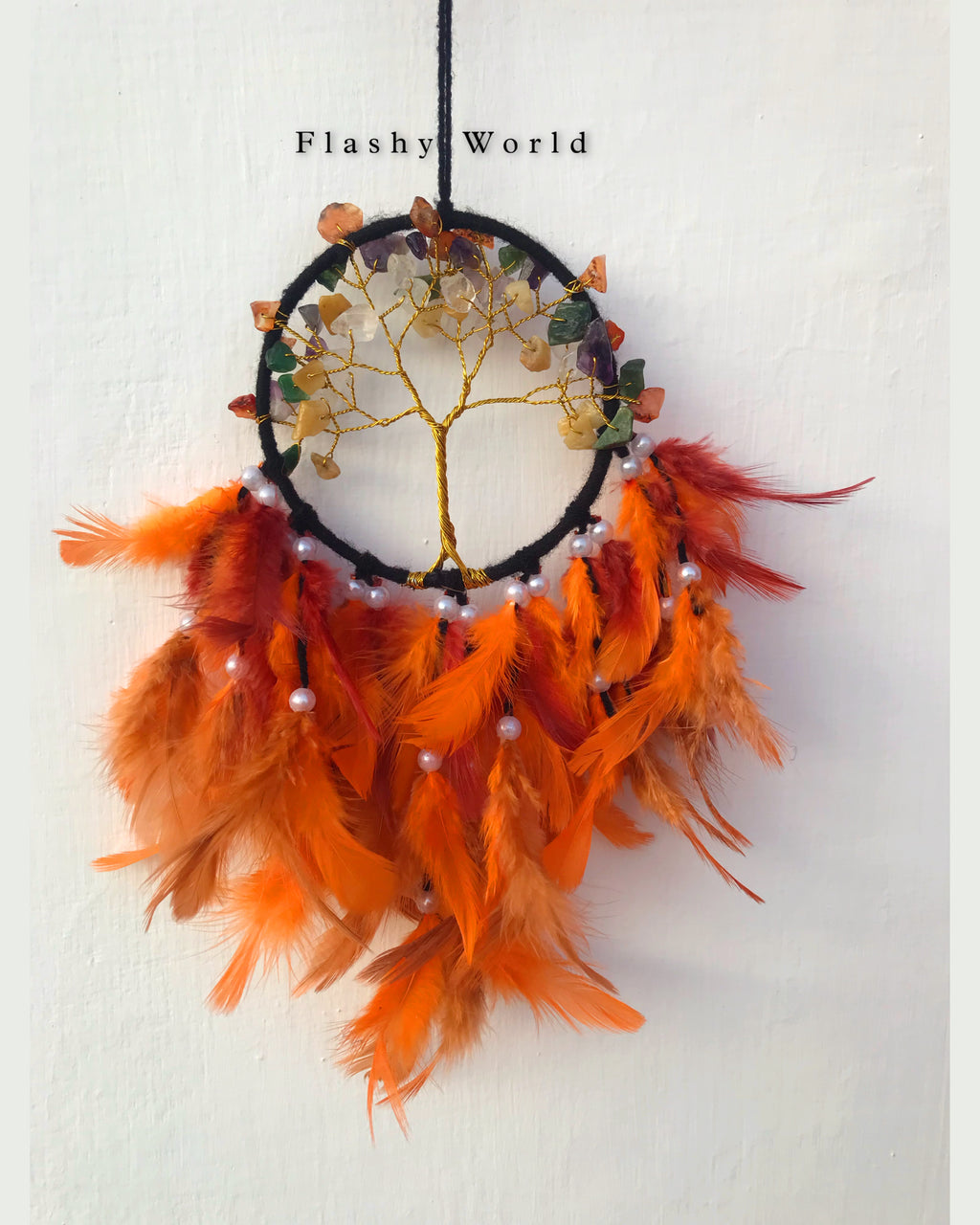 Mini 7 Chakra Tree of Life Dreamcatcher for Car Hanging – Dark Aesthetic Natural Feather & Crystal Charm for Protection, Positivity & Gift Décor