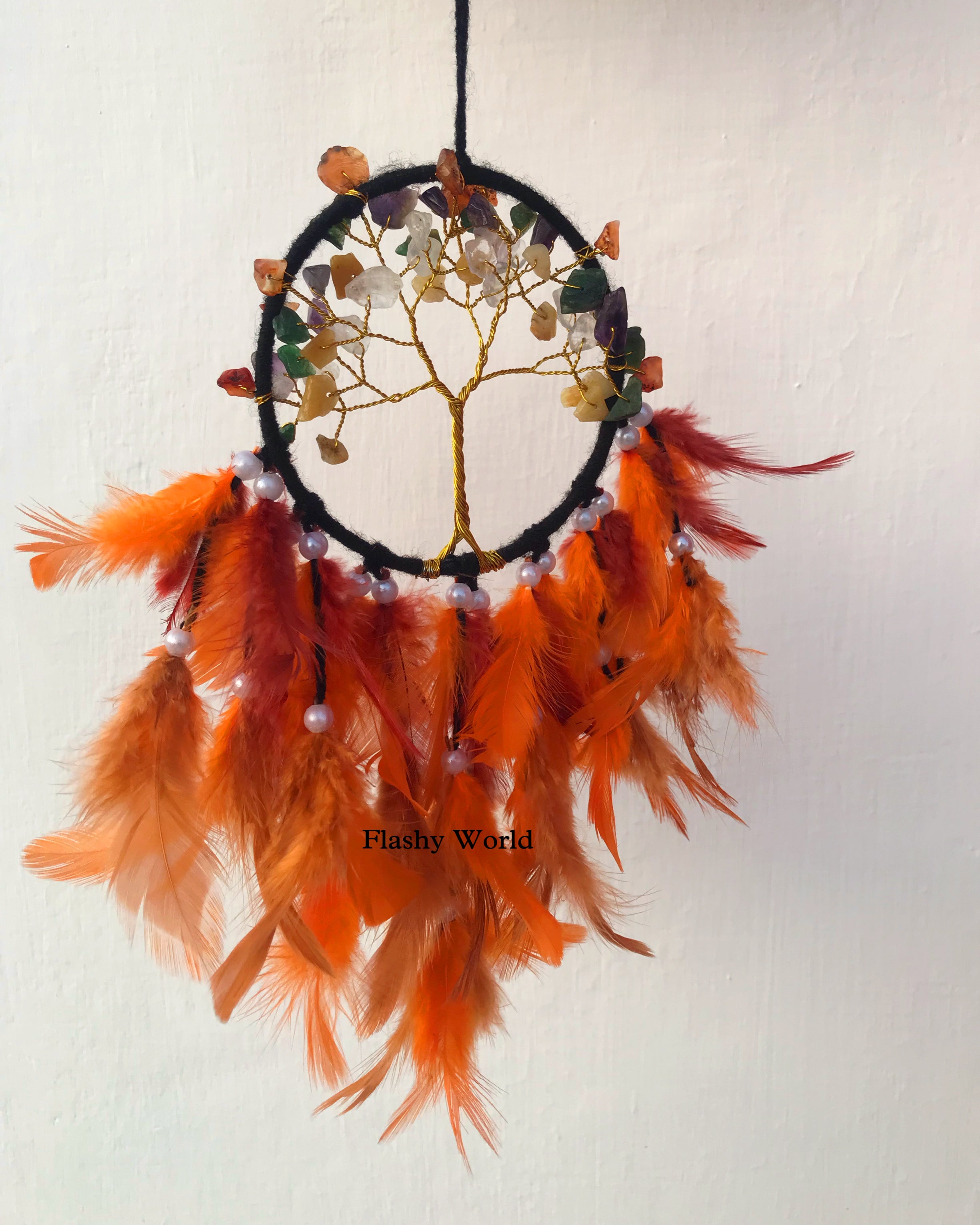 Mini 7 Chakra Tree of Life Dreamcatcher for Car Hanging – Dark Aesthetic Natural Feather & Crystal Charm for Protection, Positivity & Gift Décor