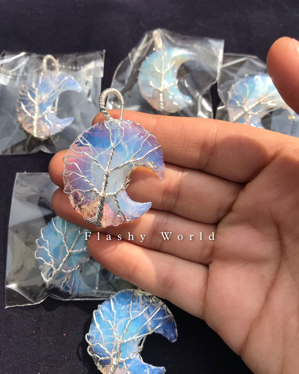 Opalite Moon Shape Pendant – Silver Wire Wrapped | Natural Healing Crystal Necklace | Free Silver Chain | Handmade Gift for Her