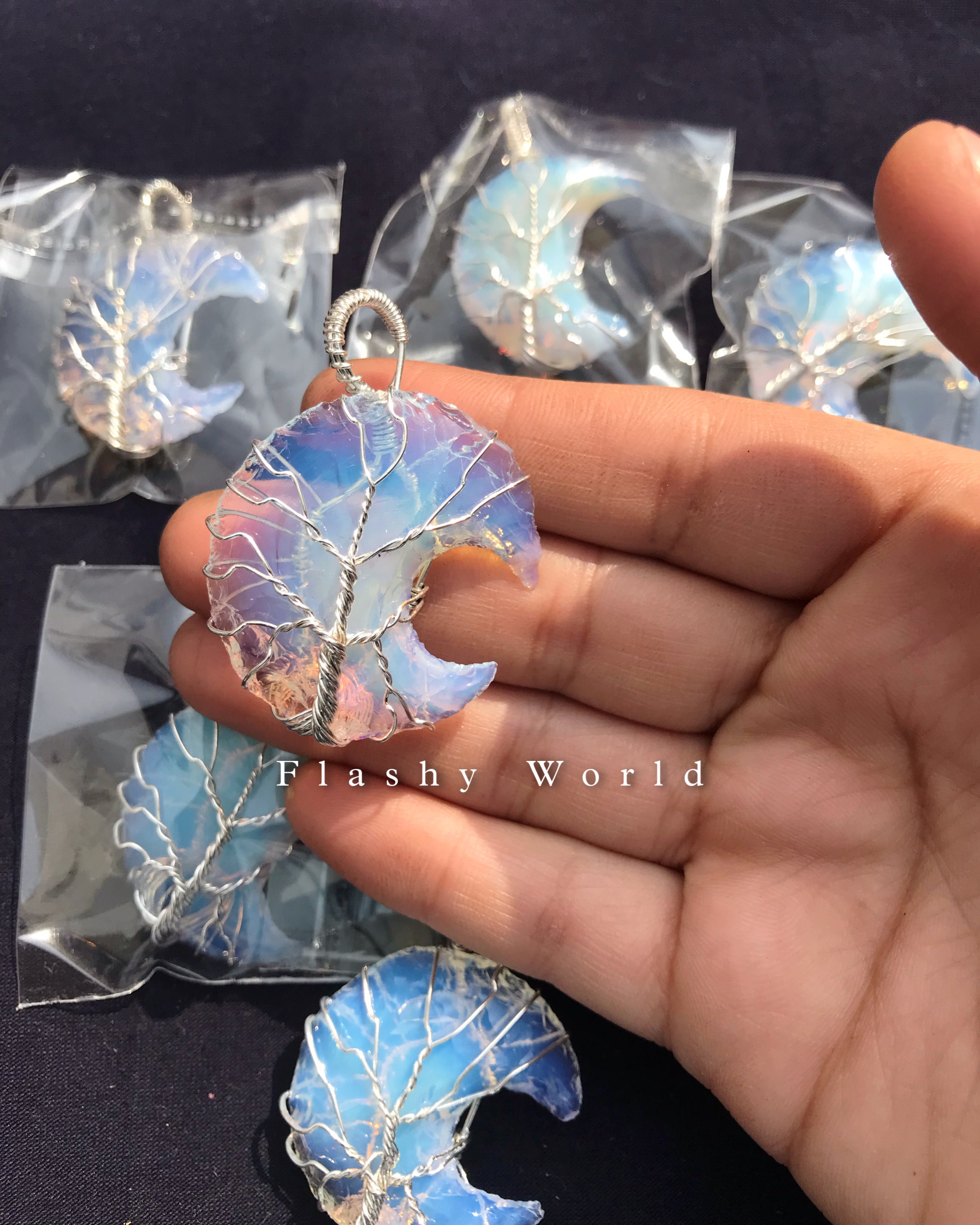Opalite Moon Shape Pendant – Silver Wire Wrapped | Natural Healing Crystal Necklace | Free Silver Chain | Handmade Gift for Her