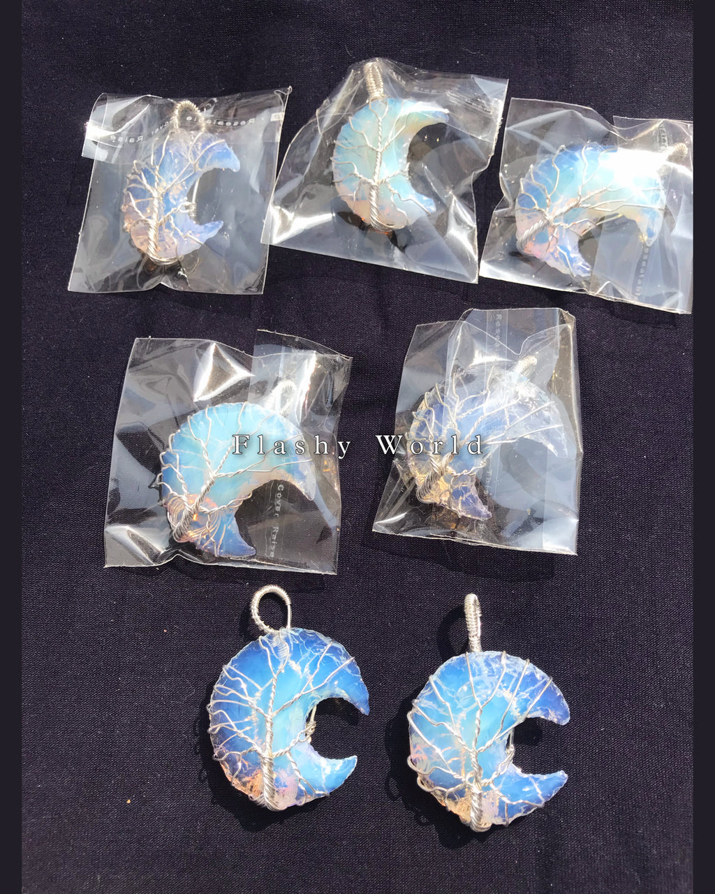 Opalite Moon Shape Pendant – Silver Wire Wrapped | Natural Healing Crystal Necklace | Free Silver Chain | Handmade Gift for Her