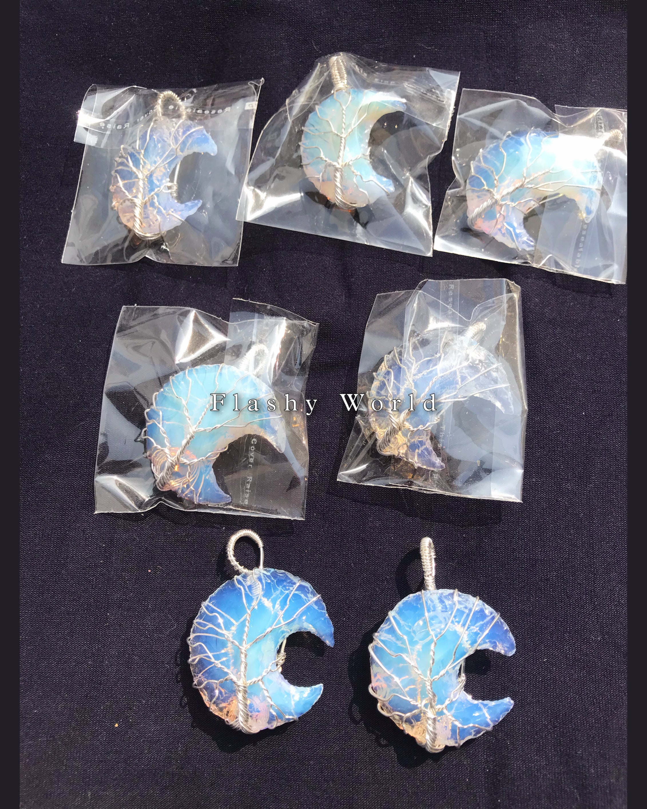 Opalite Moon Shape Pendant – Silver Wire Wrapped | Natural Healing Crystal Necklace | Free Silver Chain | Handmade Gift for Her