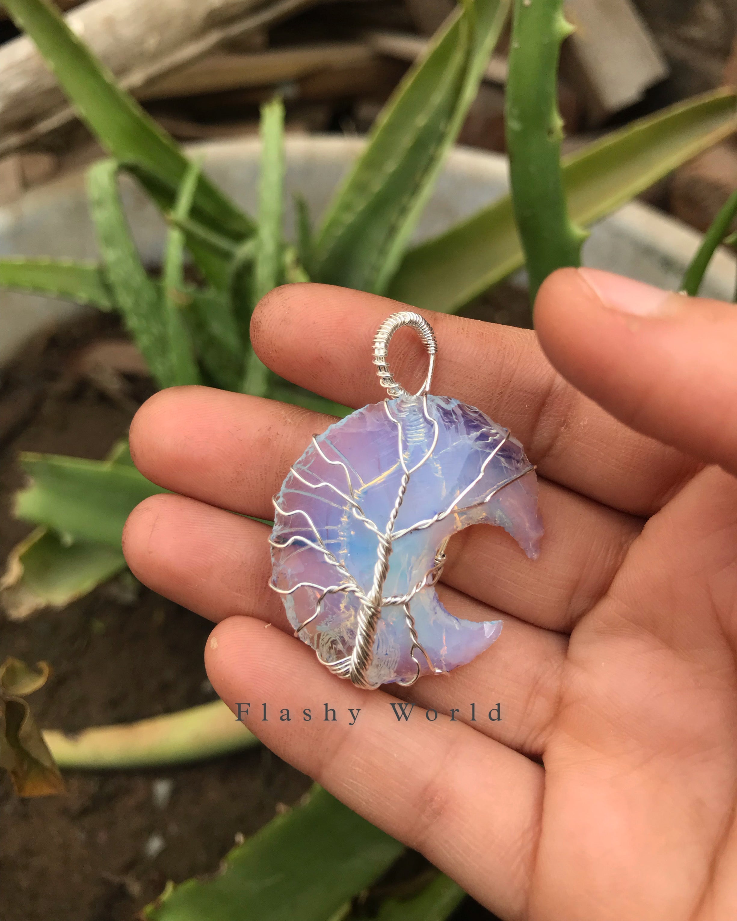 Opalite Moon Shape Pendant – Silver Wire Wrapped | Natural Healing Crystal Necklace | Free Silver Chain | Handmade Gift for Her