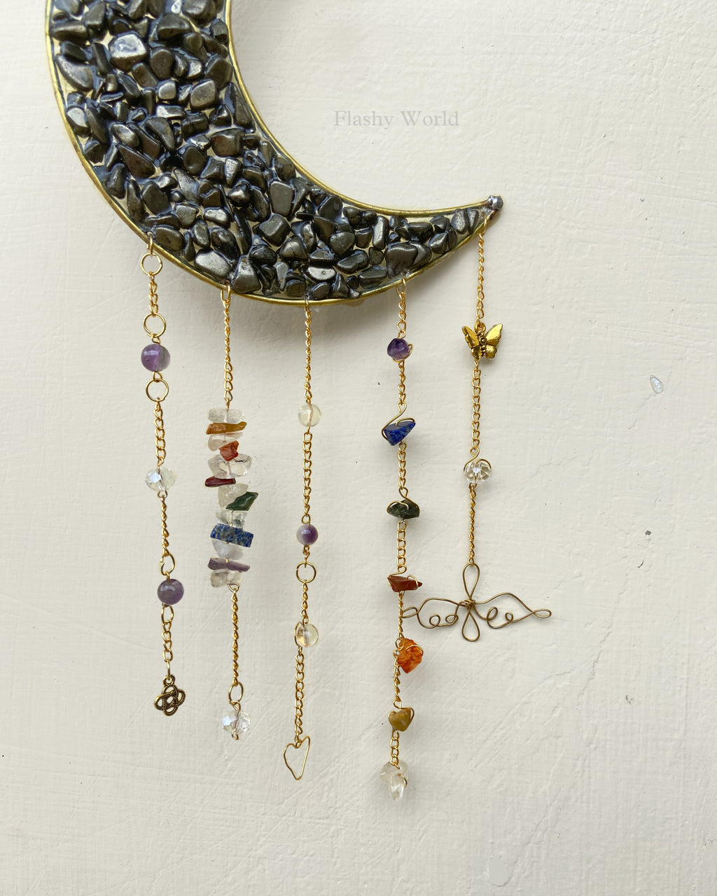 Handmade Pyrite Moon Crystal Hanger – Golden Energy Décor | Room Hanging | Protection & Wealth Crystal Gift