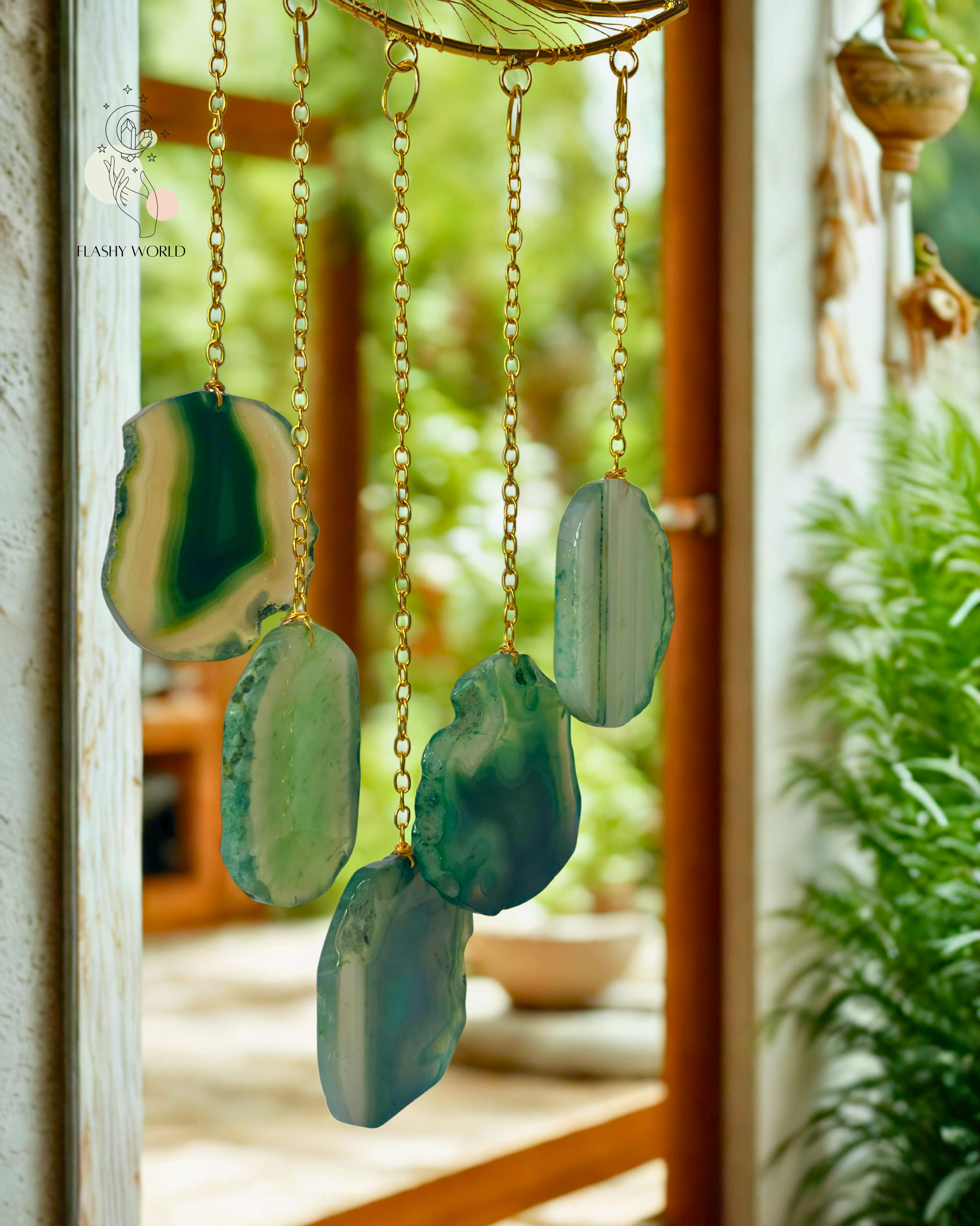 Handmade Aquamarine Moon Tree Hanger with Agate Coaster Plates | Crystal Wall Decor & Wind Chime | Boho Room & Home Interior Gift