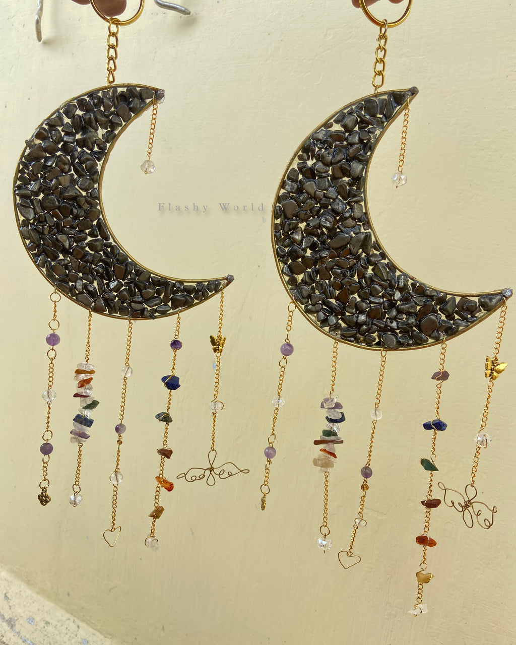 Handmade Pyrite Moon Crystal Hanger – Golden Energy Décor | Room Hanging | Protection & Wealth Crystal Gift