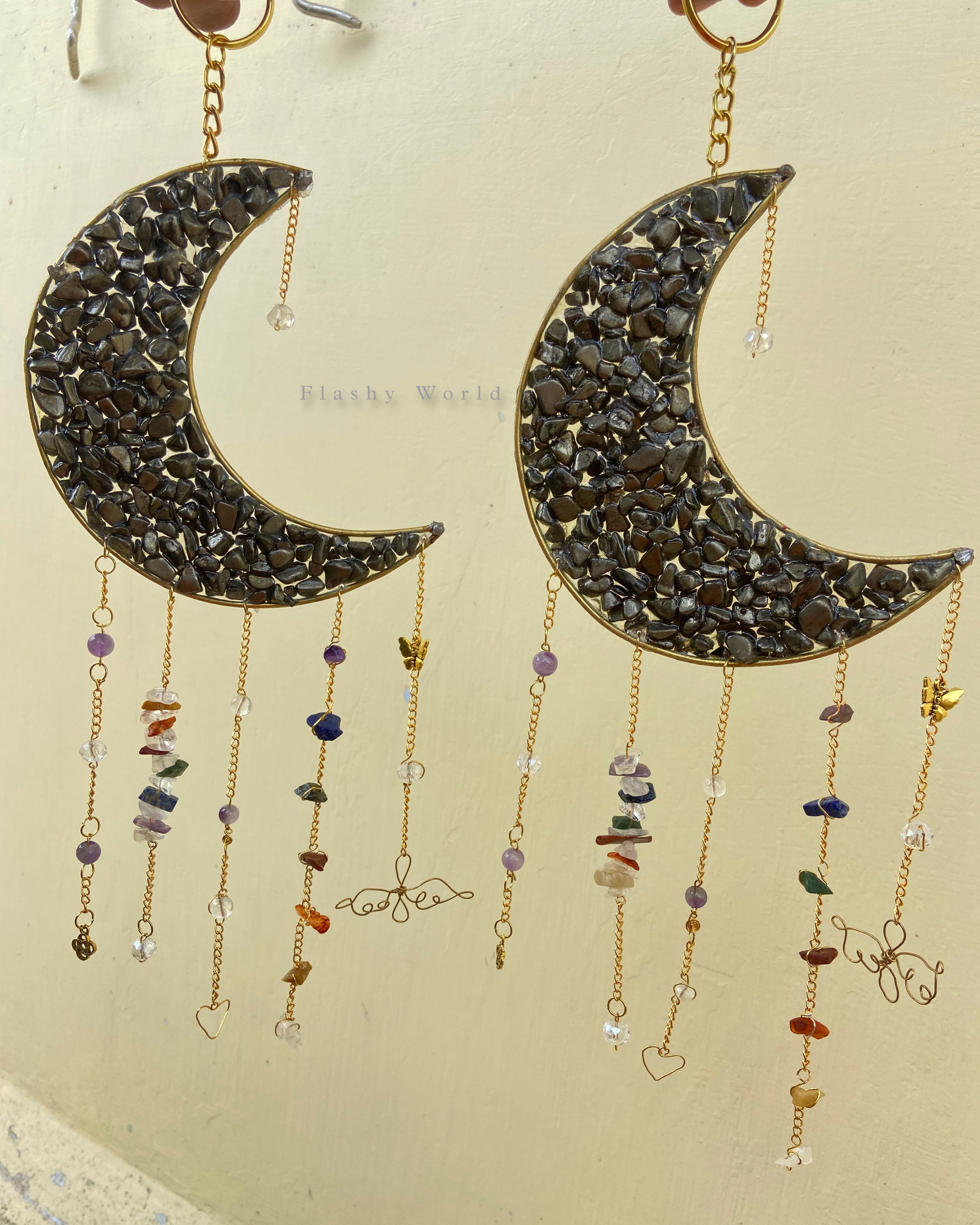 Handmade Pyrite Moon Crystal Hanger – Golden Energy Décor | Room Hanging | Protection & Wealth Crystal Gift