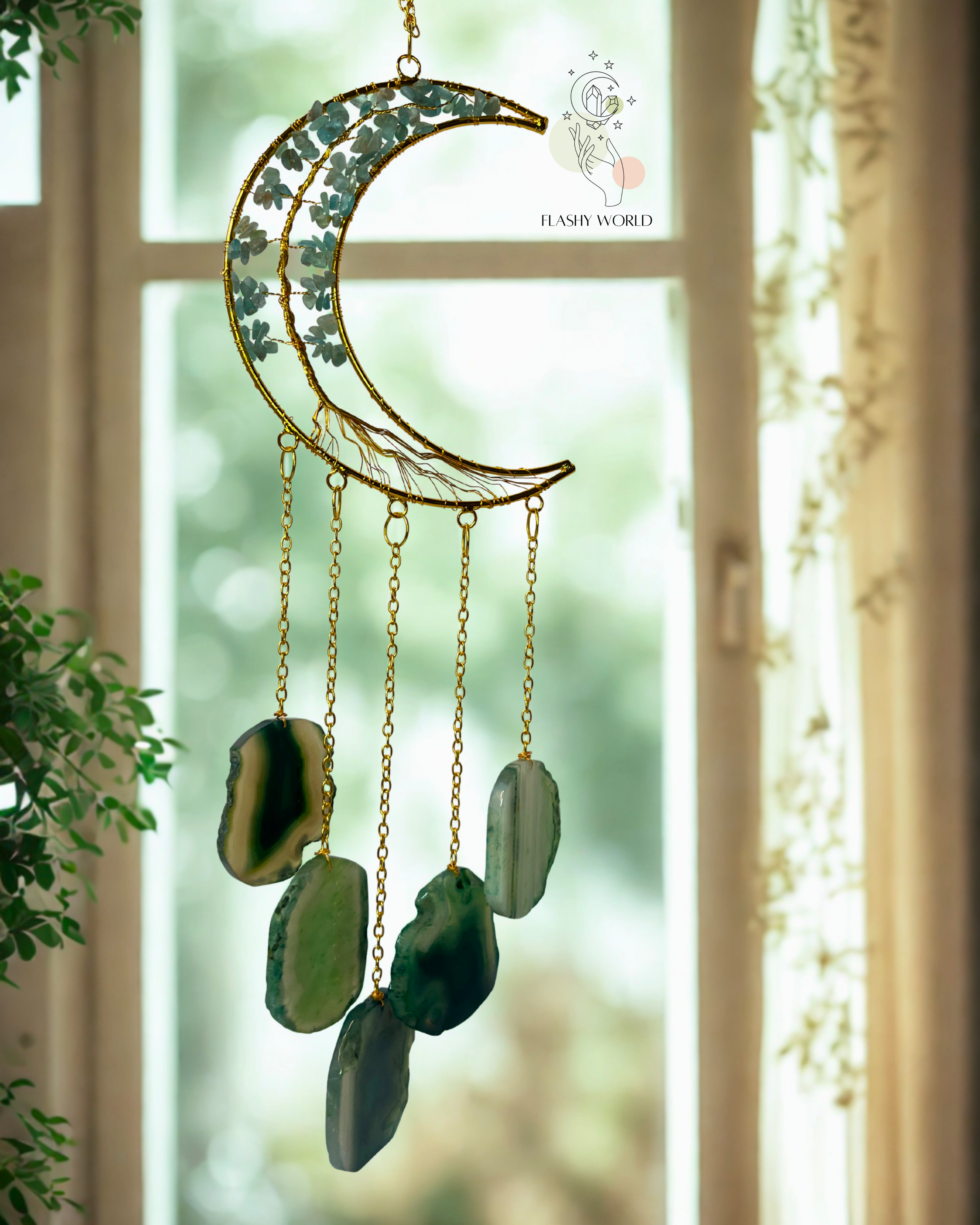 Handmade Aquamarine Moon Tree Hanger with Agate Coaster Plates | Crystal Wall Decor & Wind Chime | Boho Room & Home Interior Gift