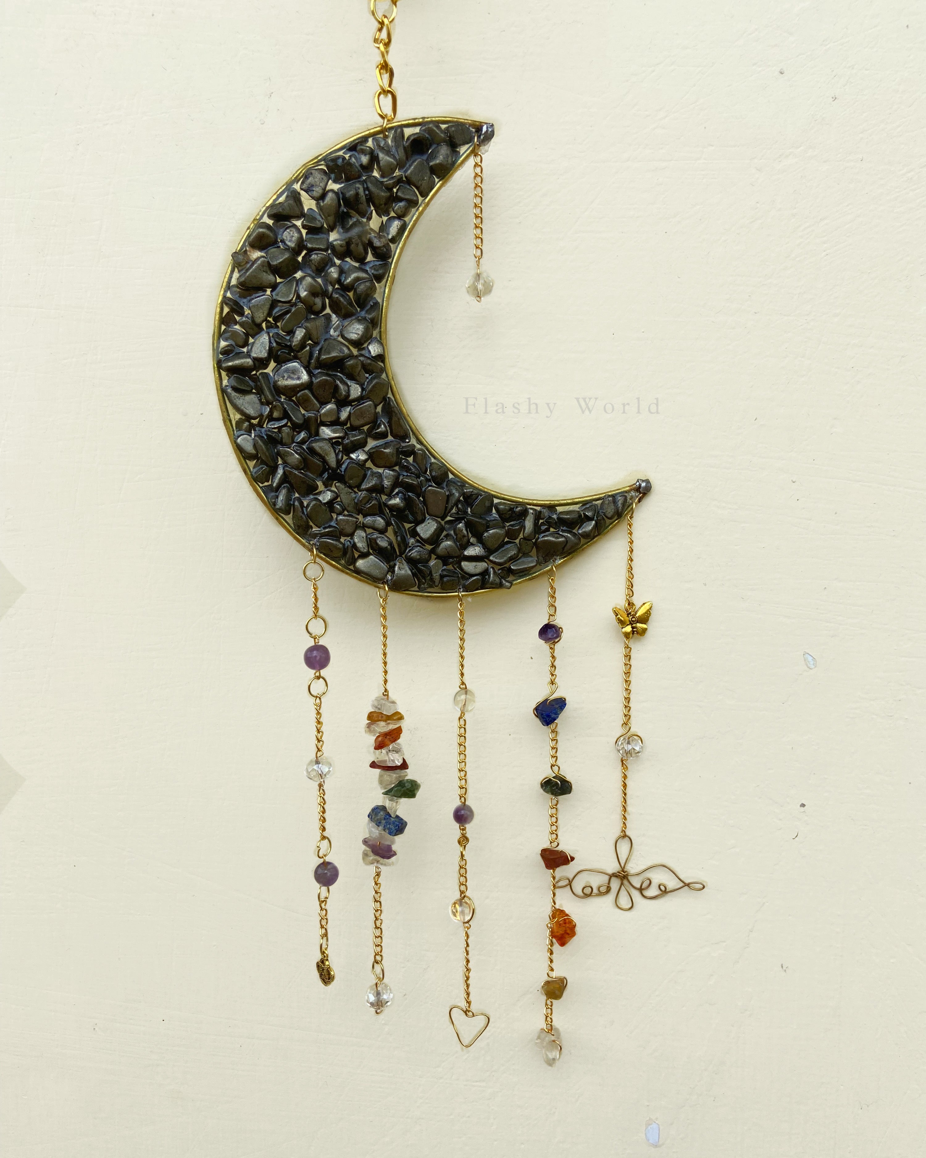 Handmade Pyrite Moon Crystal Hanger – Golden Energy Décor | Room Hanging | Protection & Wealth Crystal Gift