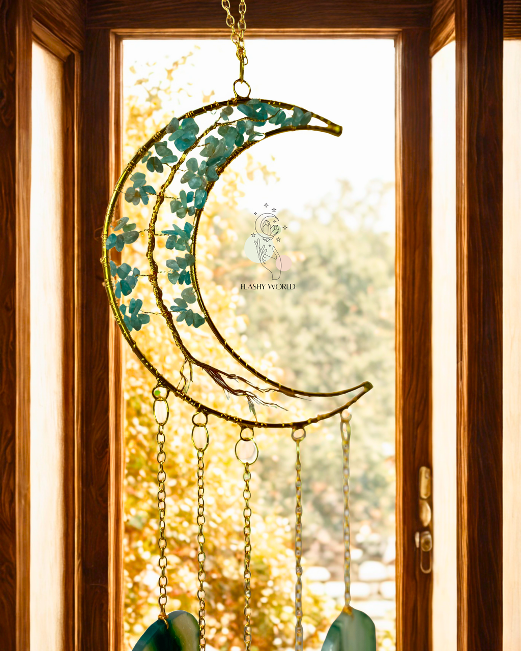 Handmade Aquamarine Moon Tree Hanger with Agate Coaster Plates | Crystal Wall Decor & Wind Chime | Boho Room & Home Interior Gift
