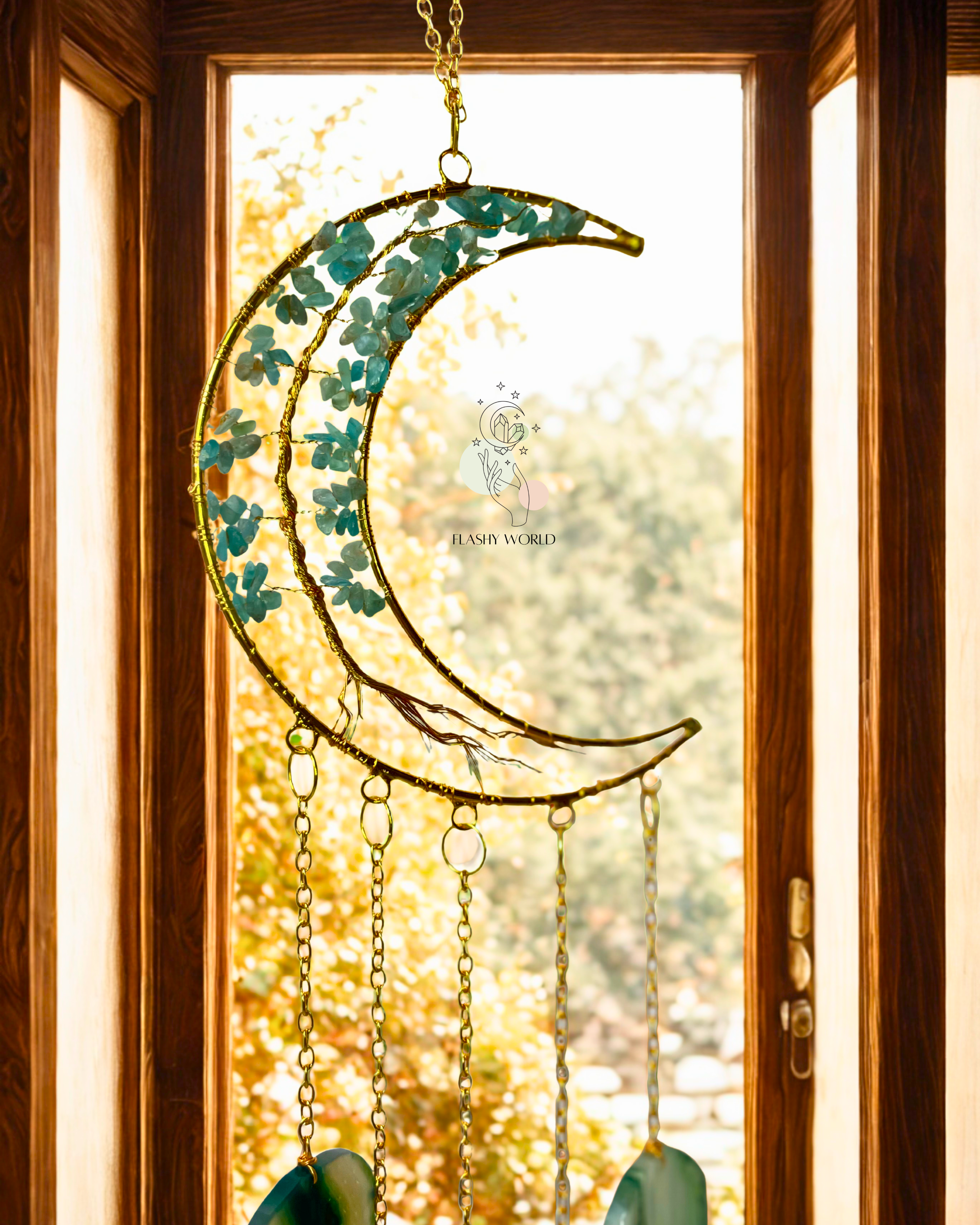 Handmade Aquamarine Moon Tree Hanger with Agate Coaster Plates | Crystal Wall Decor & Wind Chime | Boho Room & Home Interior Gift
