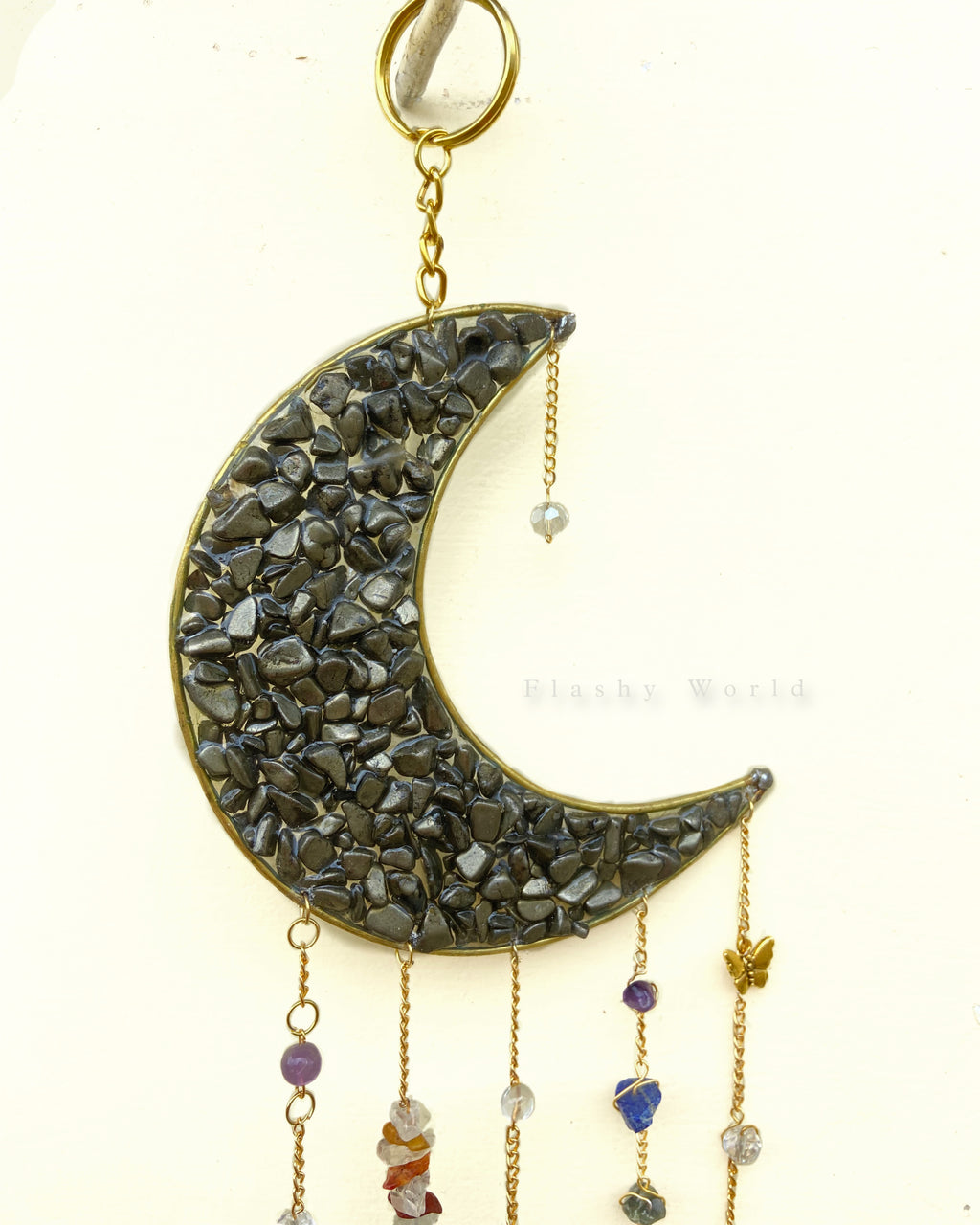 Handmade Pyrite Moon Crystal Hanger – Golden Energy Décor | Room Hanging | Protection & Wealth Crystal Gift