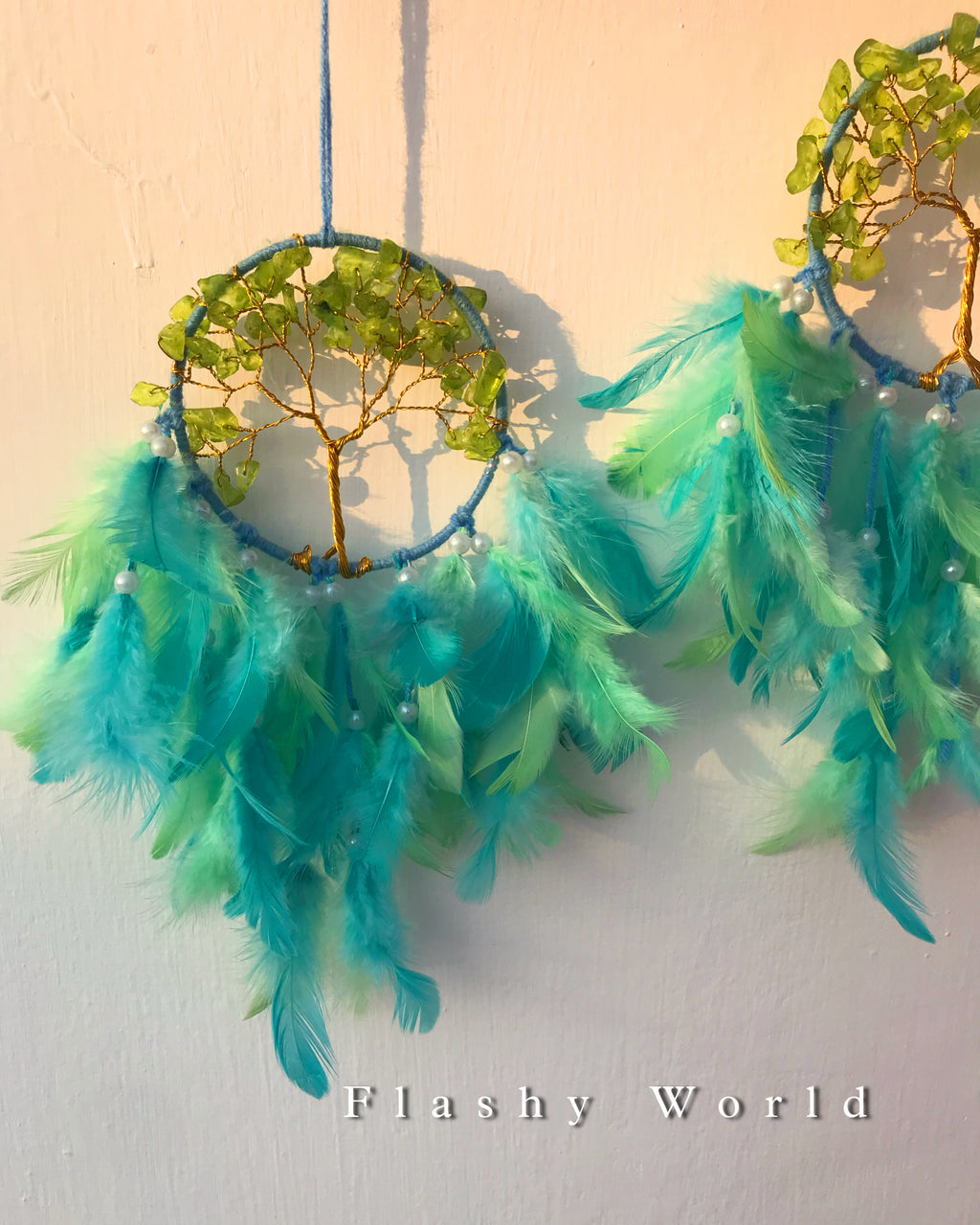 Mini Car Dream Catcher with Peridot Crystal Tree of Life & Natural Feathers | Handmade Car Hanging for Positivity, Prosperity & Healing Energy