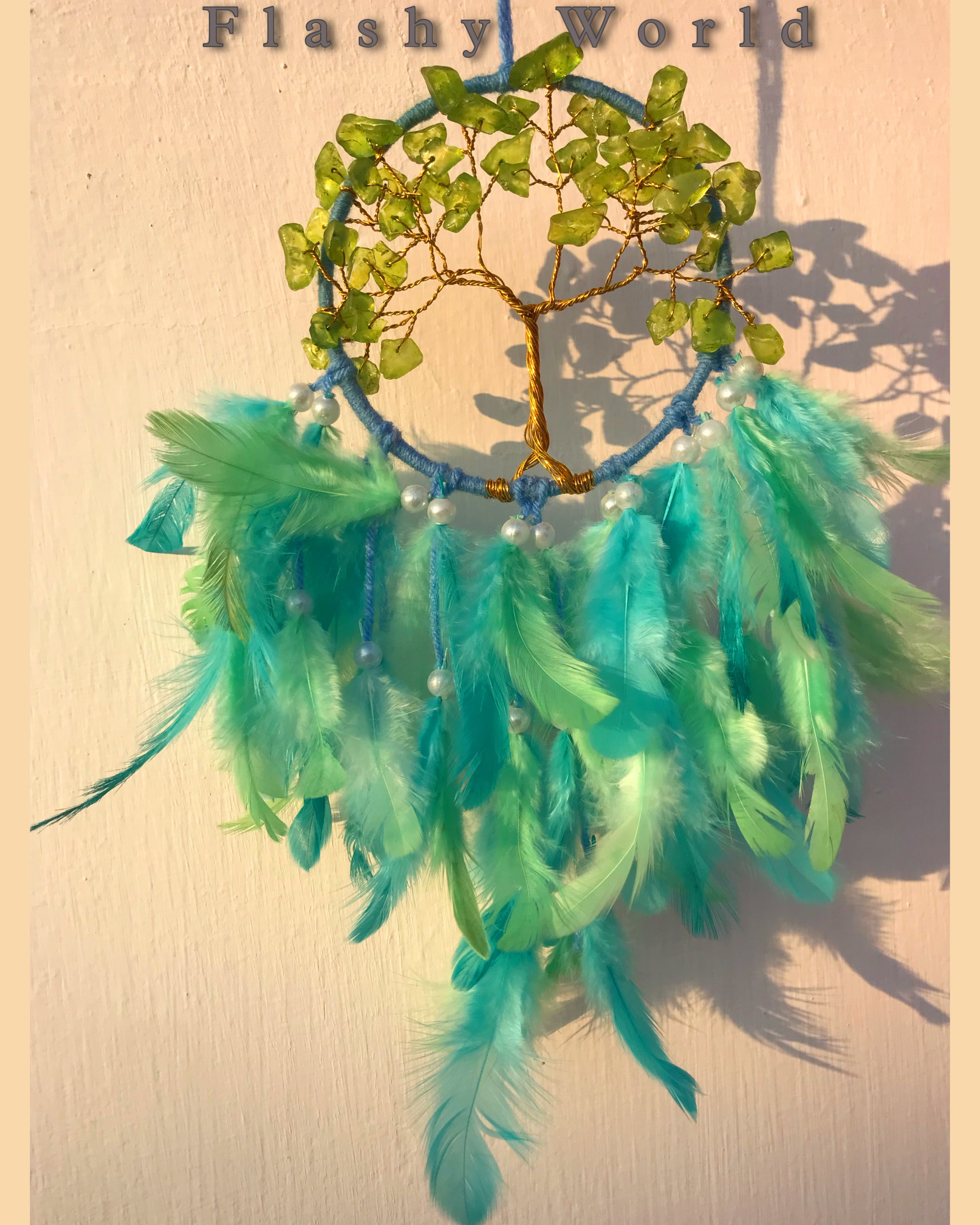 Mini Car Dream Catcher with Peridot Crystal Tree of Life & Natural Feathers | Handmade Car Hanging for Positivity, Prosperity & Healing Energy