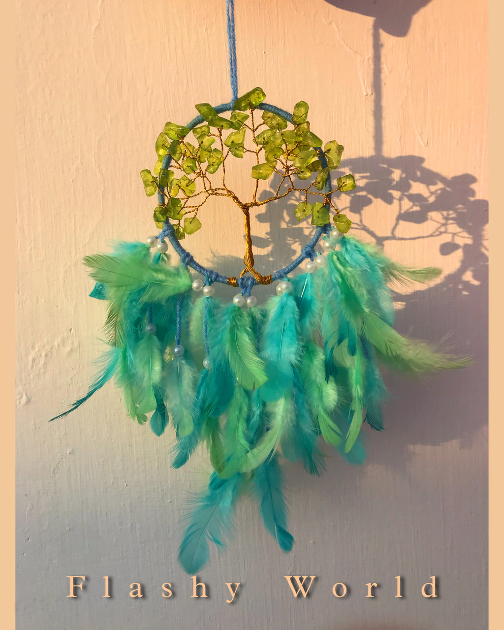 Mini Car Dream Catcher with Peridot Crystal Tree of Life & Natural Feathers | Handmade Car Hanging for Positivity, Prosperity & Healing Energy