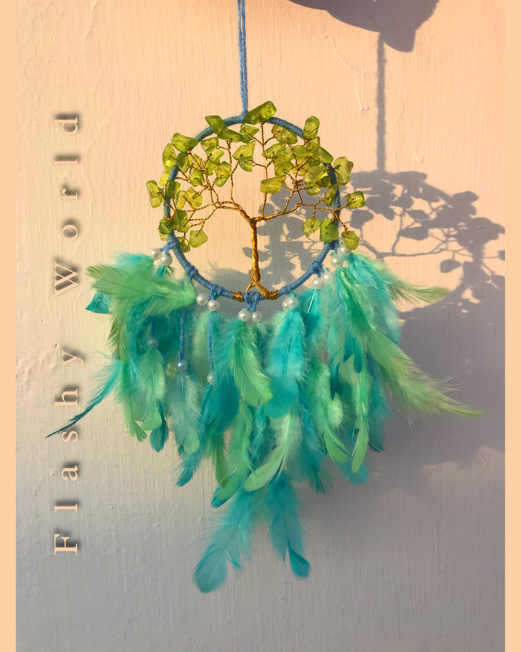 Mini Car Dream Catcher with Peridot Crystal Tree of Life & Natural Feathers | Handmade Car Hanging for Positivity, Prosperity & Healing Energy