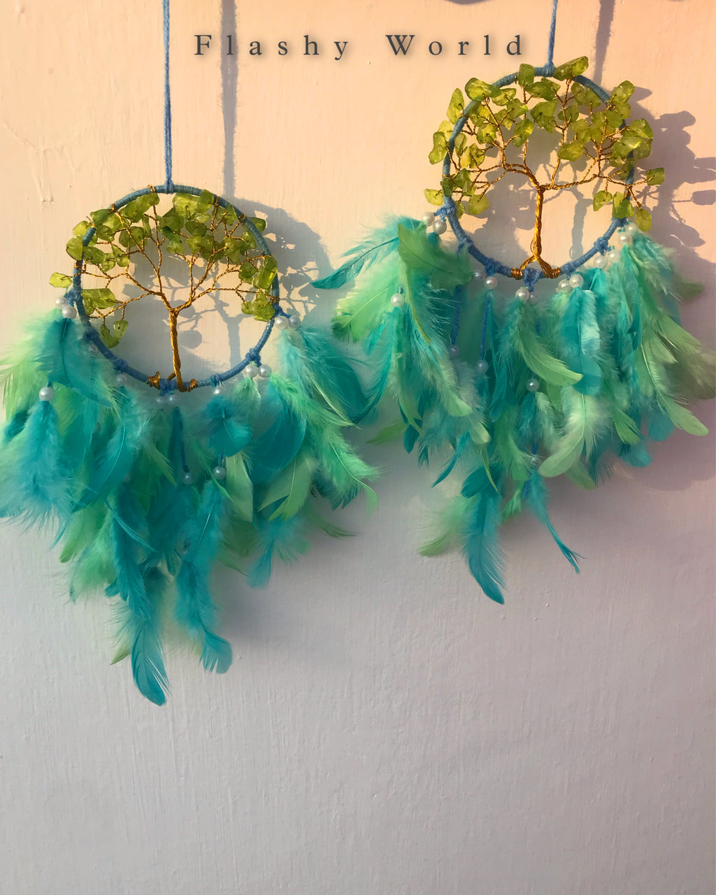 Mini Car Dream Catcher with Peridot Crystal Tree of Life & Natural Feathers | Handmade Car Hanging for Positivity, Prosperity & Healing Energy
