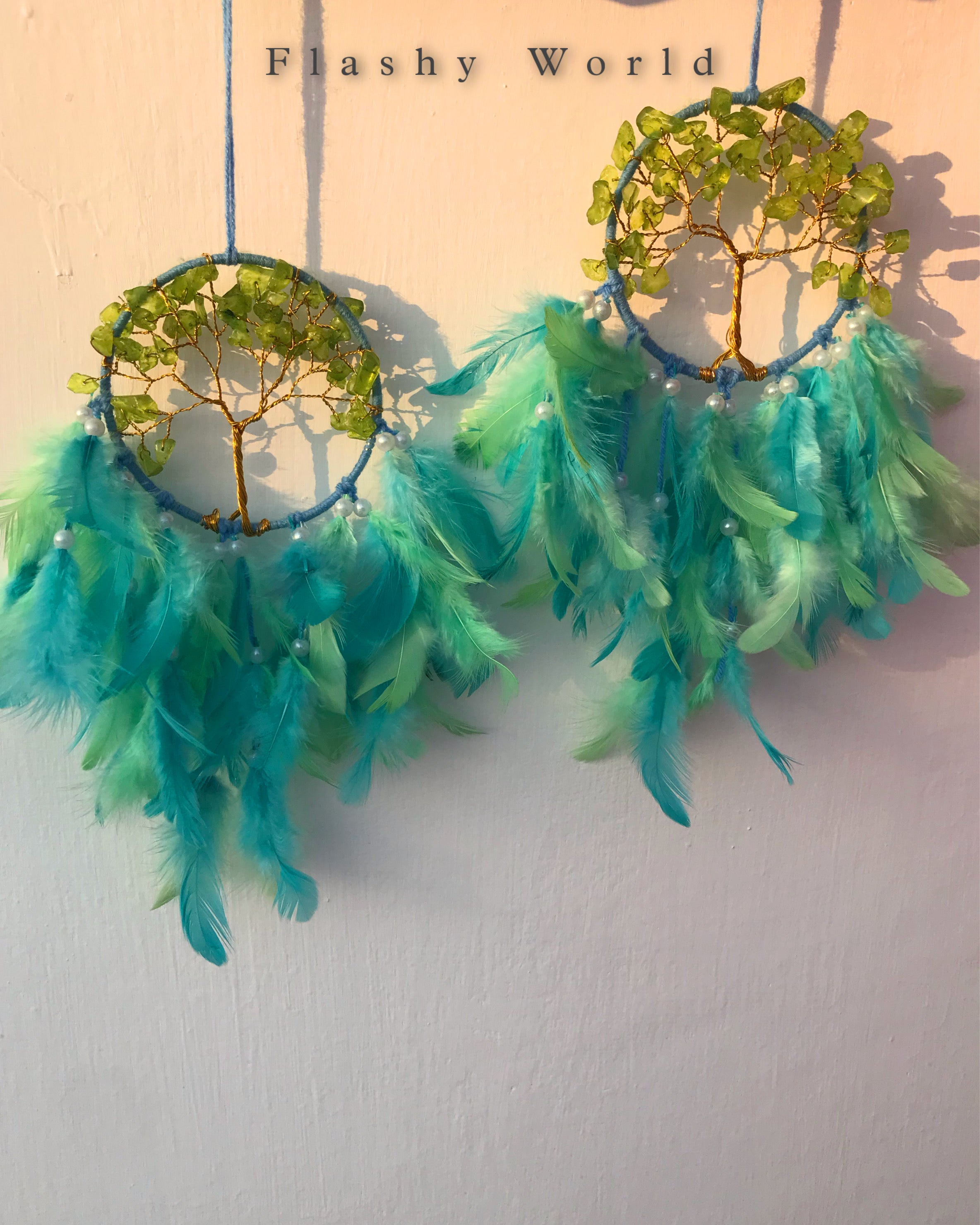 Mini Car Dream Catcher with Peridot Crystal Tree of Life & Natural Feathers | Handmade Car Hanging for Positivity, Prosperity & Healing Energy