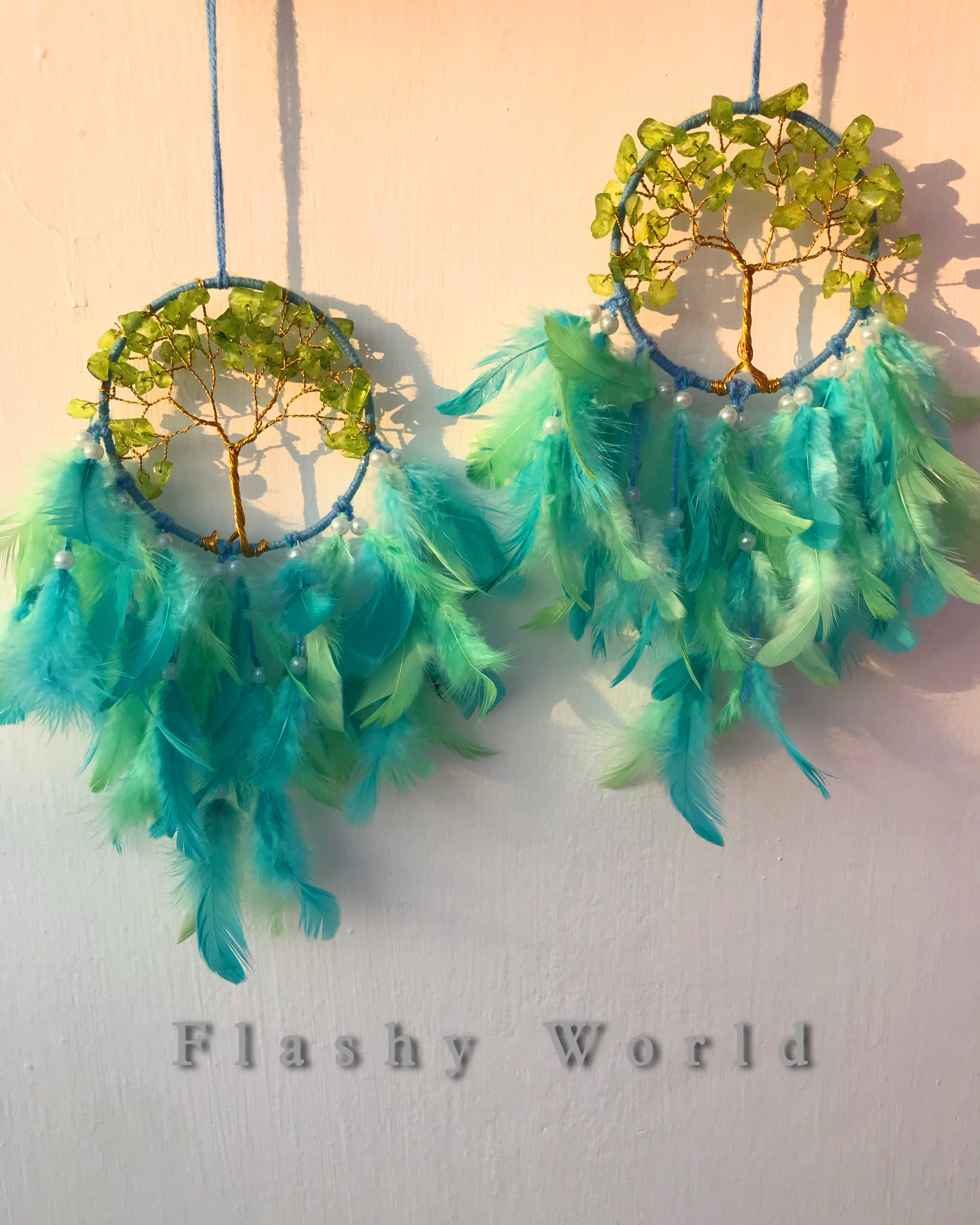 Mini Car Dream Catcher with Peridot Crystal Tree of Life & Natural Feathers | Handmade Car Hanging for Positivity, Prosperity & Healing Energy