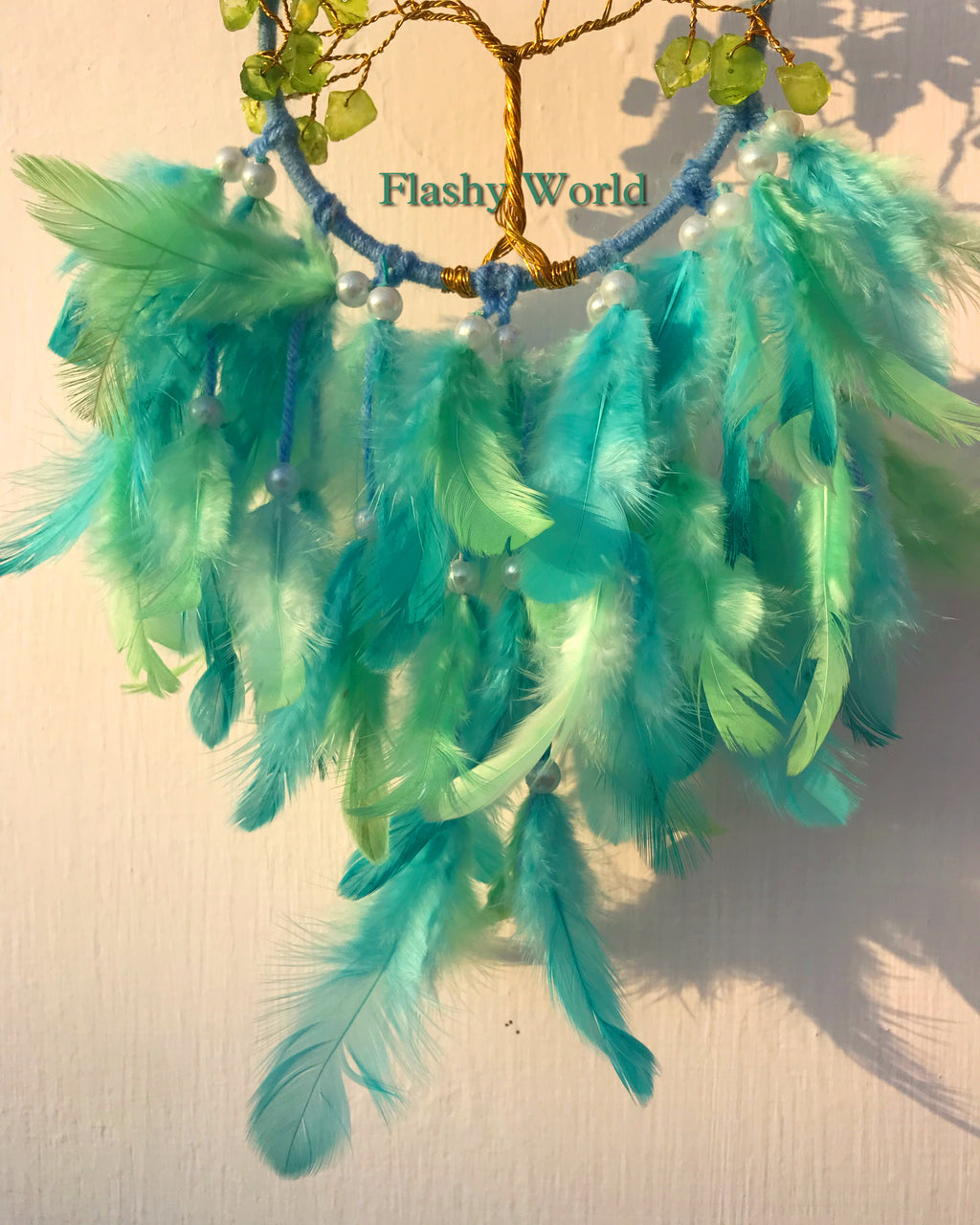 Mini Car Dream Catcher with Peridot Crystal Tree of Life & Natural Feathers | Handmade Car Hanging for Positivity, Prosperity & Healing Energy