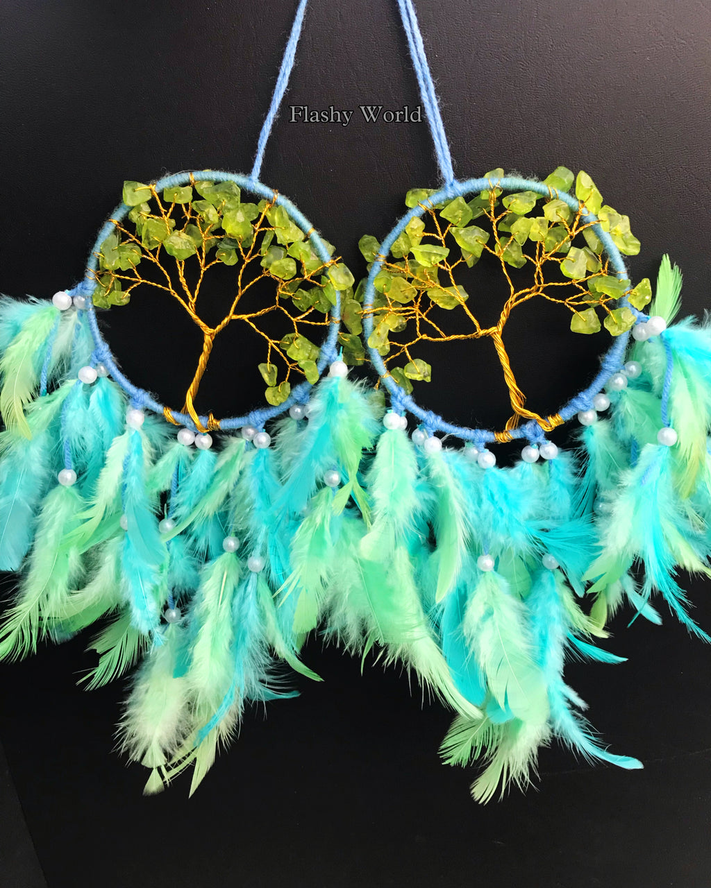 Mini Car Dream Catcher with Peridot Crystal Tree of Life & Natural Feathers | Handmade Car Hanging for Positivity, Prosperity & Healing Energy