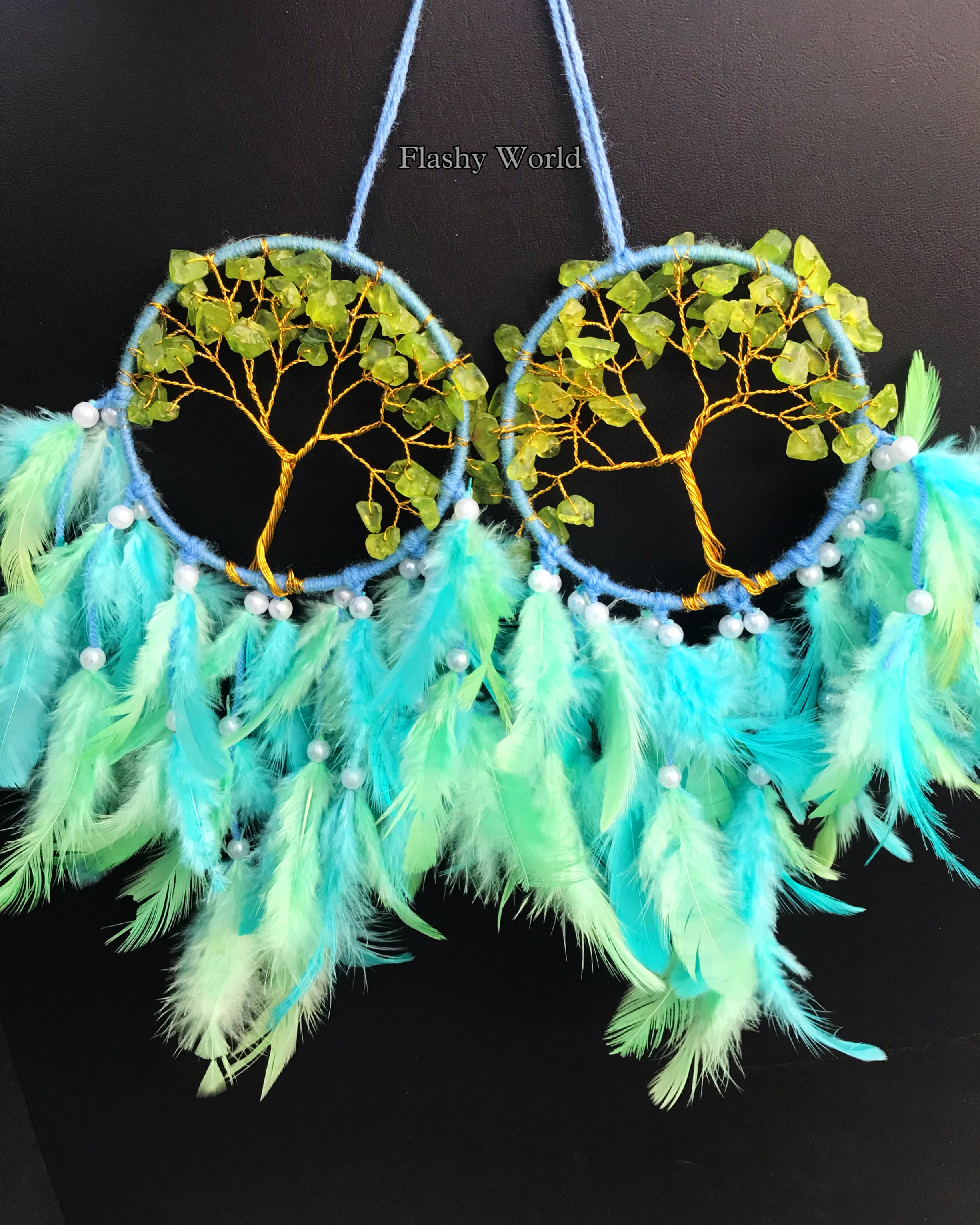 Mini Car Dream Catcher with Peridot Crystal Tree of Life & Natural Feathers | Handmade Car Hanging for Positivity, Prosperity & Healing Energy