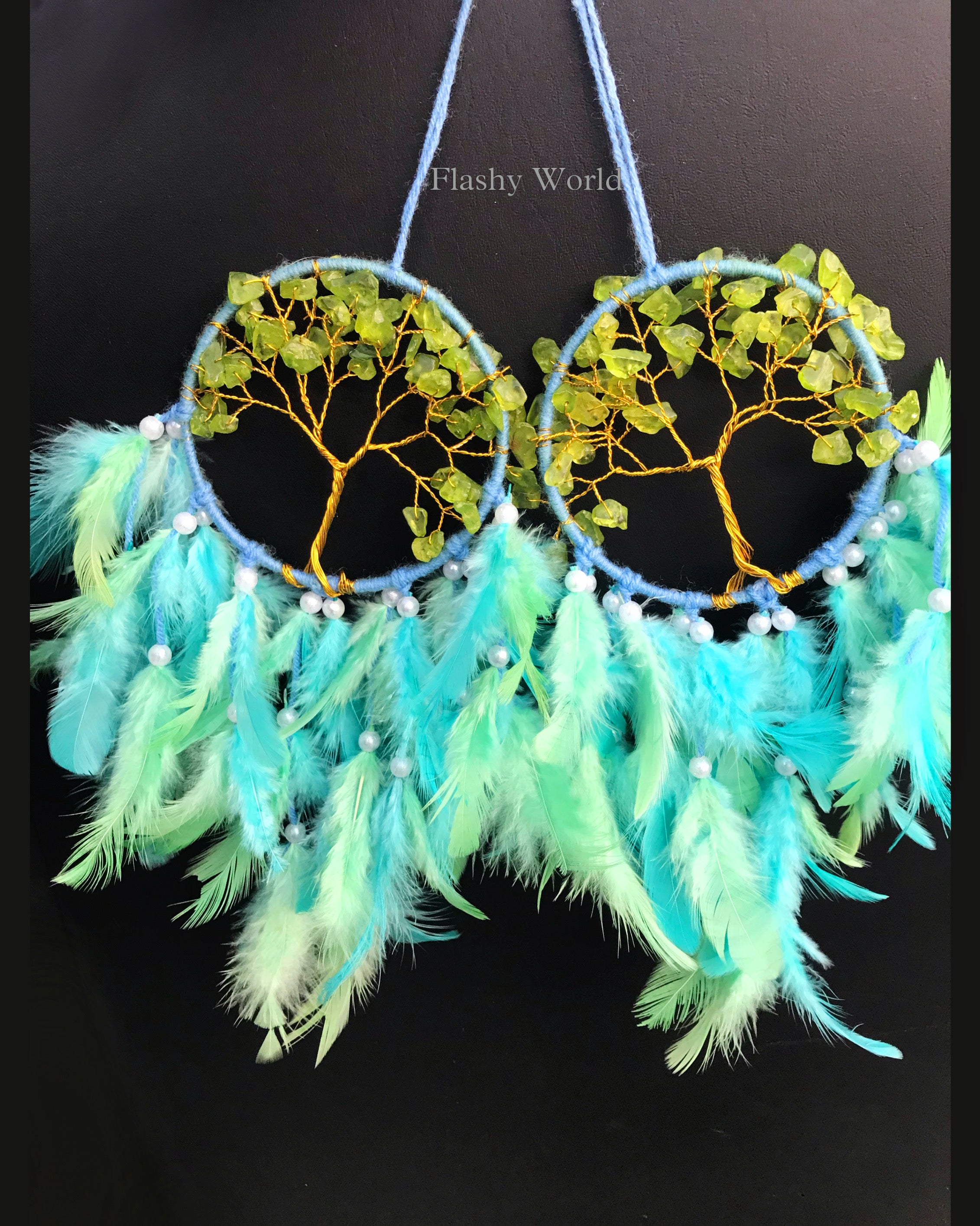 Mini Car Dream Catcher with Peridot Crystal Tree of Life & Natural Feathers | Handmade Car Hanging for Positivity, Prosperity & Healing Energy