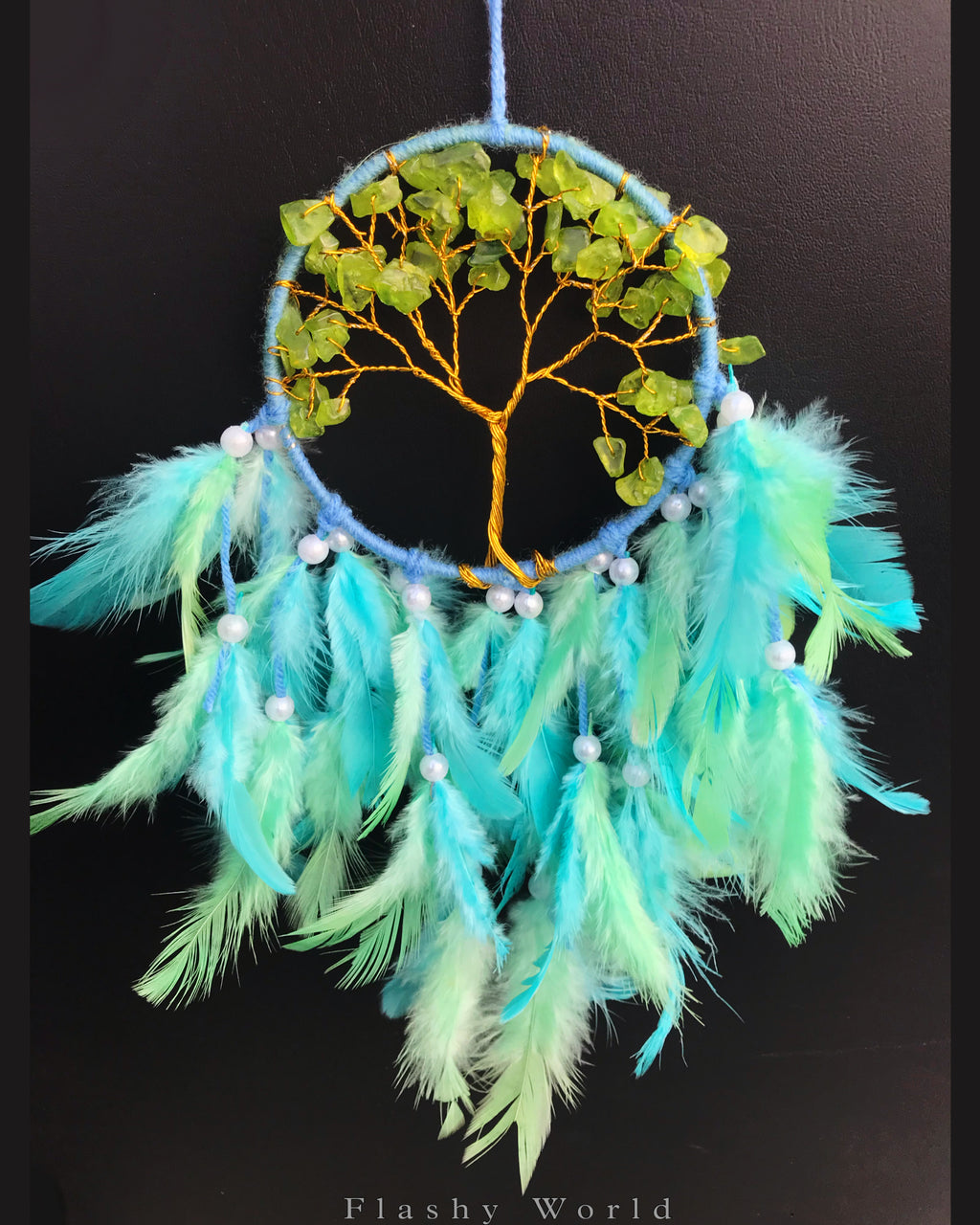 Mini Car Dream Catcher with Peridot Crystal Tree of Life & Natural Feathers | Handmade Car Hanging for Positivity, Prosperity & Healing Energy
